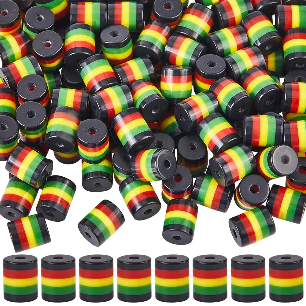 1 scatola da 200 perline rasta a righe da 8 mm, a colonna, opache, africane giamaiche, cilindriche Juneteenth, nero, rosso, verde, giallo, colorate, distanziatori, perline sfuse per la