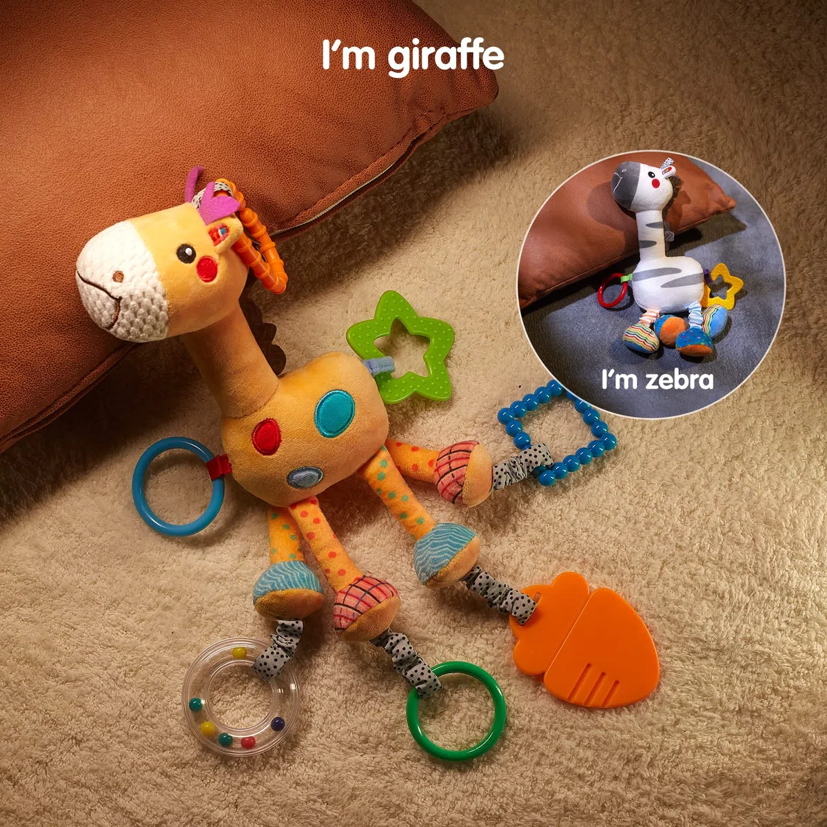 TUMAMA Giochi Neonato 0-12 Mesi - Sonaglio Neonato Peluche, 2 Pezzi Peluche di Giraffa Zebra per Buttafuori, Seggiolino Auto e Carrozzina, Regalo Giochi per 0+ Mesi Bambini