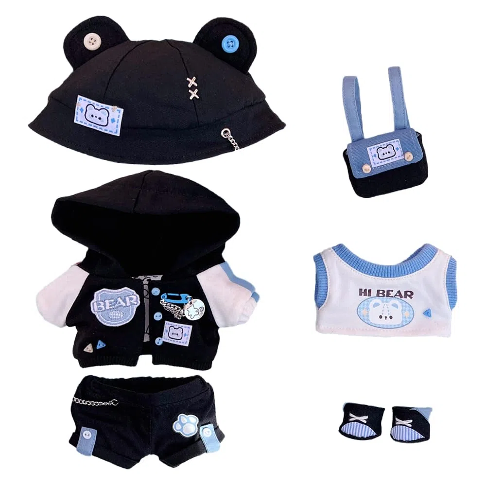 niannyyhouse Set di vestiti per bambole di peluche da 15 cm, con cappello, cappotto, pantaloni, zaino, gilet, scarpe, morbido peluche imbottito, accessori per vestire (15 cm)