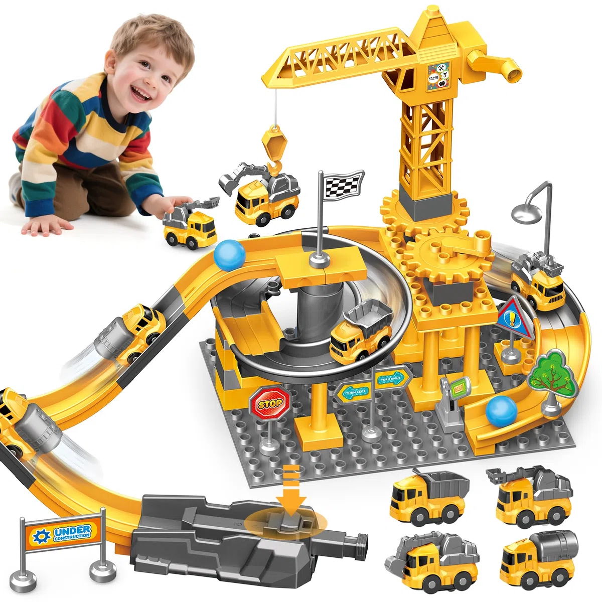 Cantiere Bambini - Set Costruzione Gru 55 Pezzi con Camion e Blocco Auto per Ragazzi 3-7 Anni