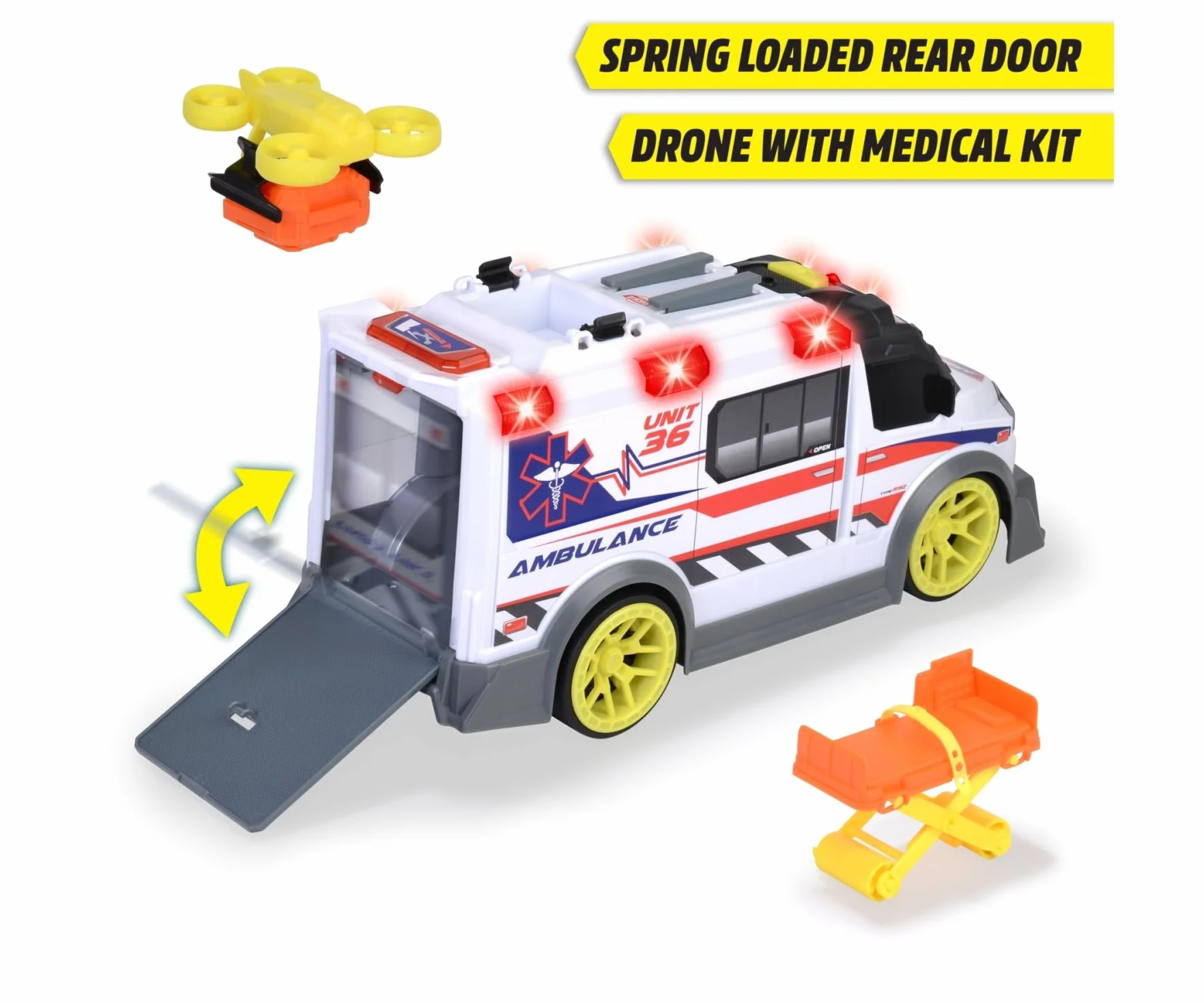 Dickie Toys - Ambulanza 36 cm, 203307003, +3 Anni, Sistema a Ruota Libera, luci e Suoni, Apertura portellone a Molla, barella, Drone