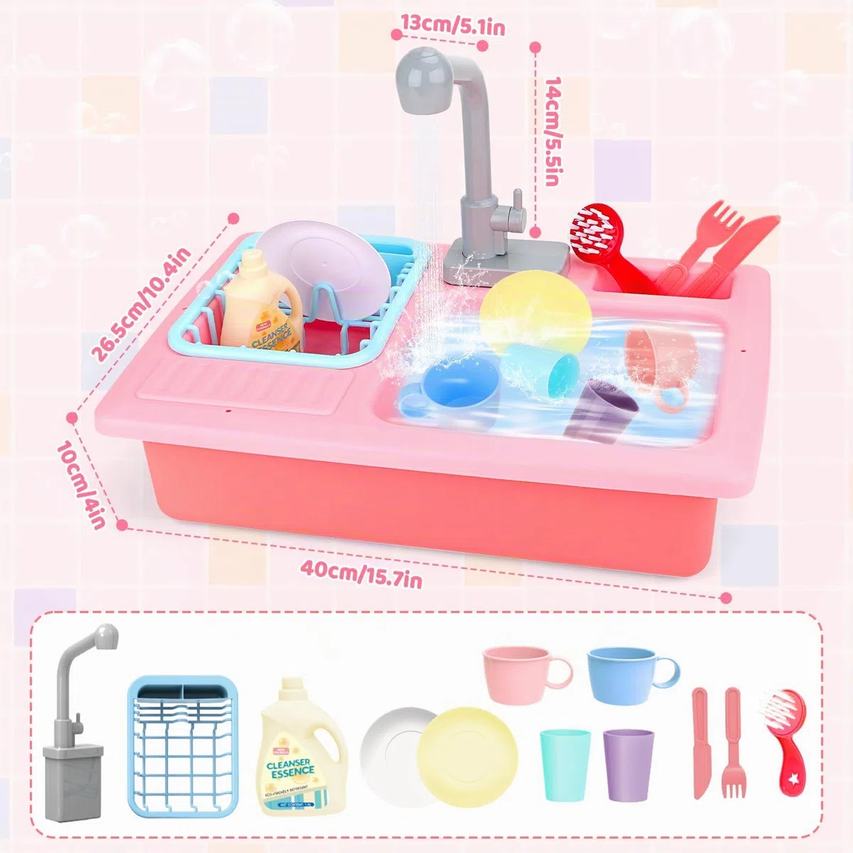 deAO Lavello da Cucina Gioco di Ruoli con Simulatore di Acqua Elettrico e Accessori (Rosa)