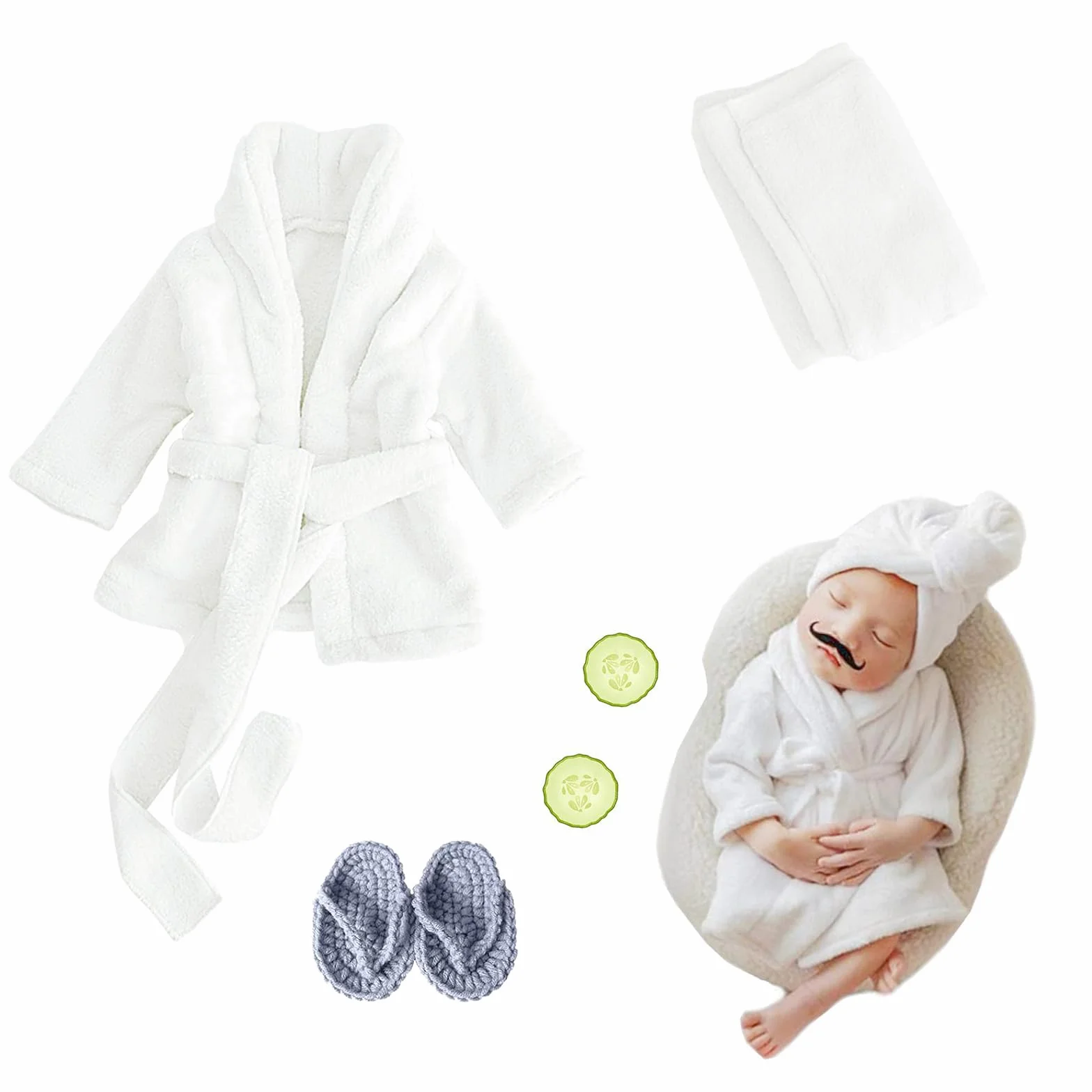 Neonato Fotografia Puntelli, Bianco Vestiti Baby Photoshoot, Costume Neonato Telo da Bagno Vestito con Pantofole e Cetriolo, Prop Outfit per 0-6 mesi (Bianco)