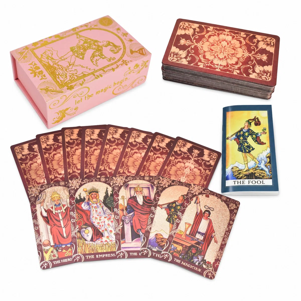 Tarocchi Inglesi Rosso Vino in Lamina d’Oro, 78 Carte + 2 Carte Bonus, Mazzo Tarot Impermeabile in PVC con Guida Illustrata da 36 Pagine