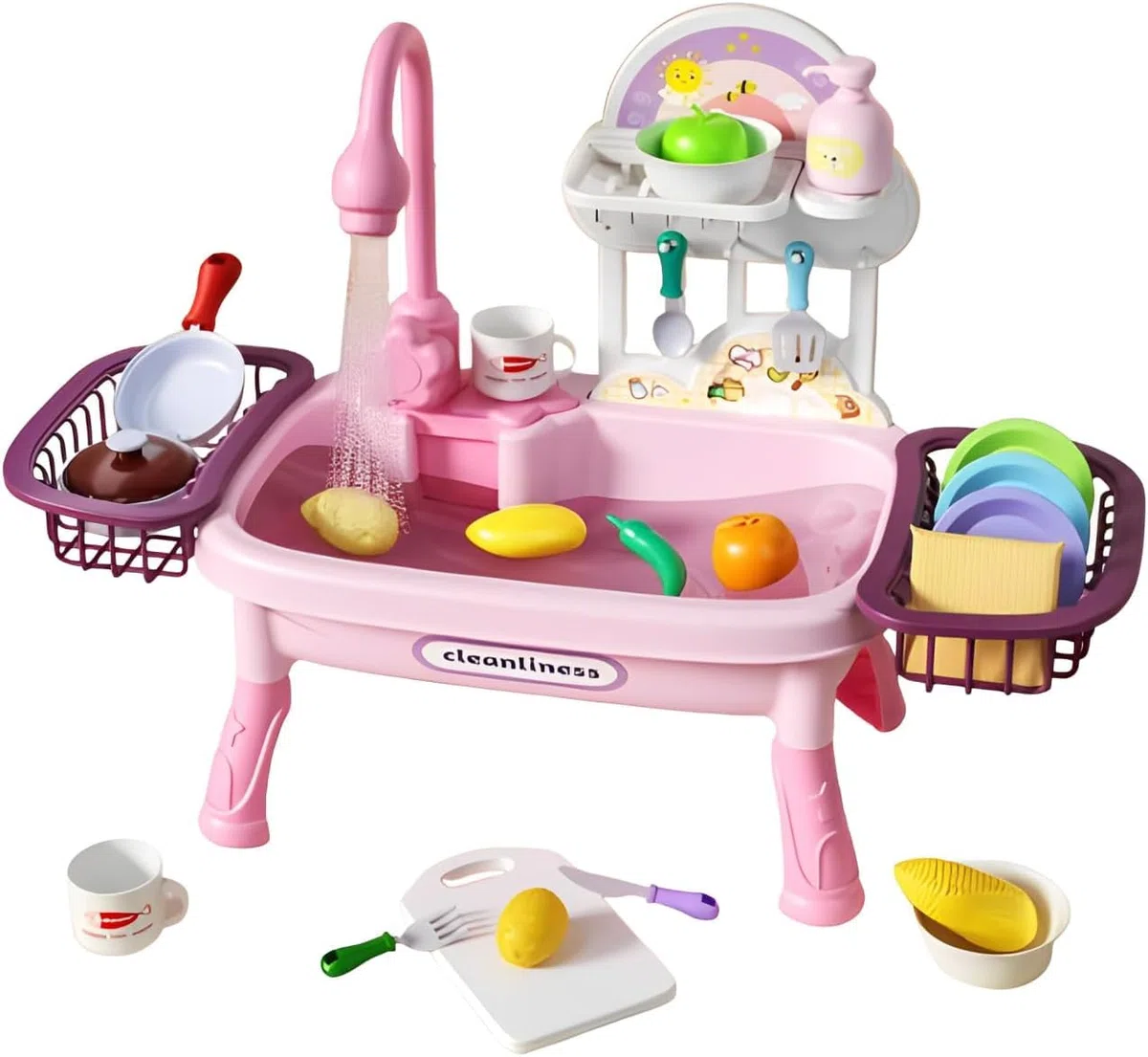 Lavandino Giocattolo per Bambini,Lavello giocattolo con acqua di rubinetto,Set di giocattoli da cucina con rubinetto funzionante con Portapiatti e Giocattoli Alimentari per ragazzi ragazze 3 4 5 6