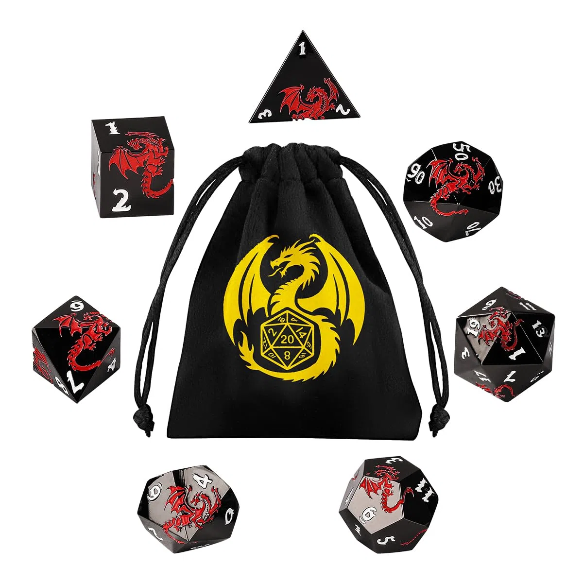 Set di 7 dadi poliedrici in metallo, motivo drago rosso piatto, D&D, con sacchetto regalo, D4 D6 D8 D10 (00-90 e 0-9) D12 D20, dadi per giochi di ruolo per D&D MTG, neri