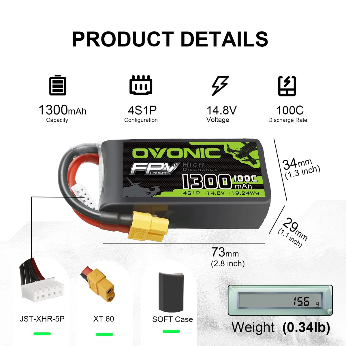 OVONIC Batteria Lipo 4s 14.8V 1300mAh 100C con connettore XT60 per FPV Racing RC Quadcopter Elicottero Aereo Multi-Motore Hobby Parti fai da te (2 confezioni)