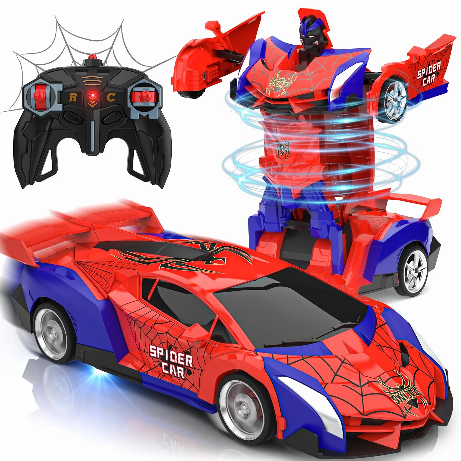 Macchina Telecomandata, 2.4GHz Trasforma Robot & RC Auto da Corsa Radiocomandata Giochi Esterno Giocattolo, Spider Cars Macchinine per Gioco Regalo Compleanno Natale Bambino Bimbi 3 4 5 6 7 8 9 Anni