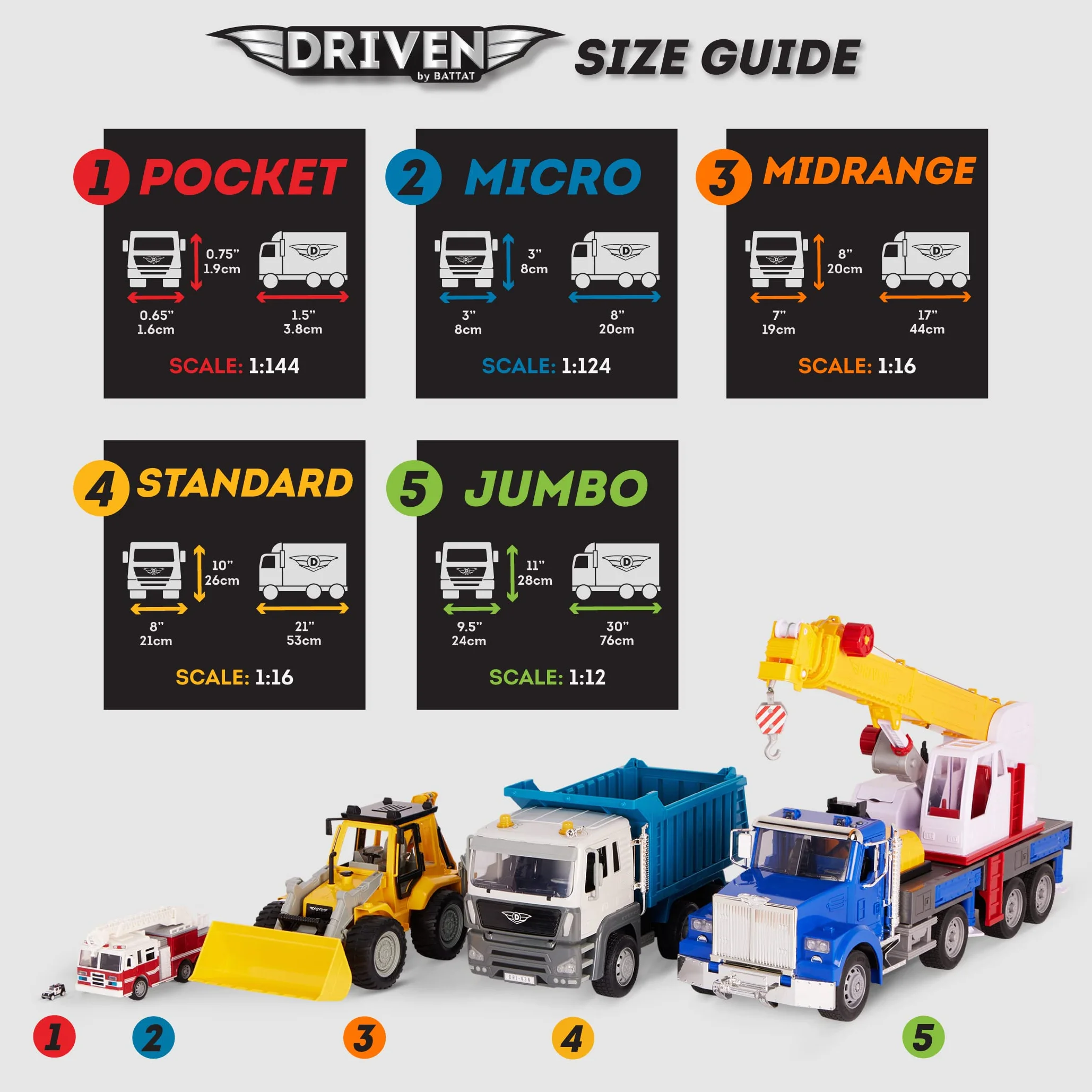 Driven by Battat - Micro flotta di emergenza - Set di veicoli di emergenza per bambini - Camion dei pompieri giocattolo con gru - Camioncino giocattolo per bambini - 3 anni +