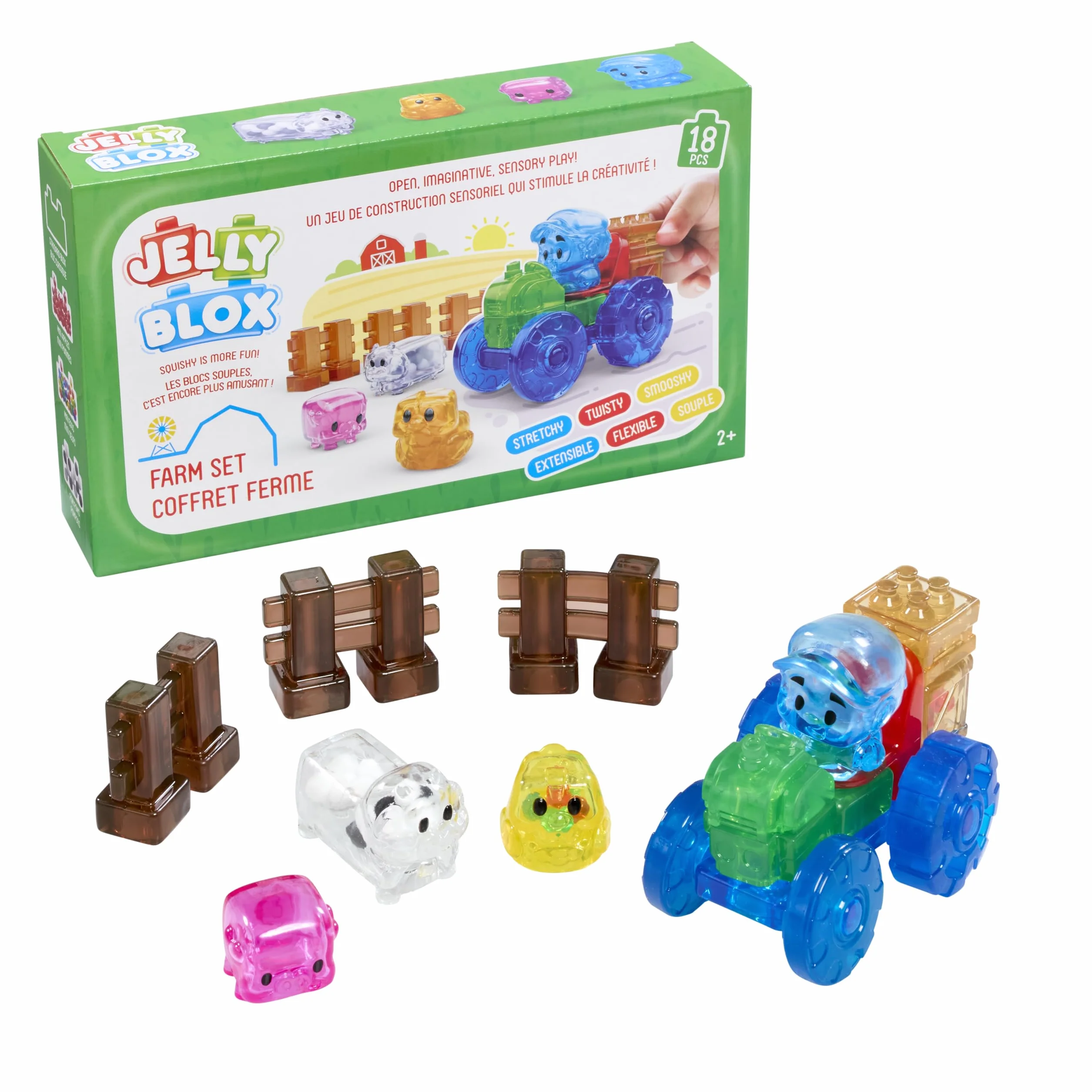 Jelly Blox - Set Fattoria - 18 blocchi inclusi - Set di costruzioni per bambini dai 2 anni - Esperienza sensoriale con blocchi estensibili, morbidi e flessibili - Trattore e Animali