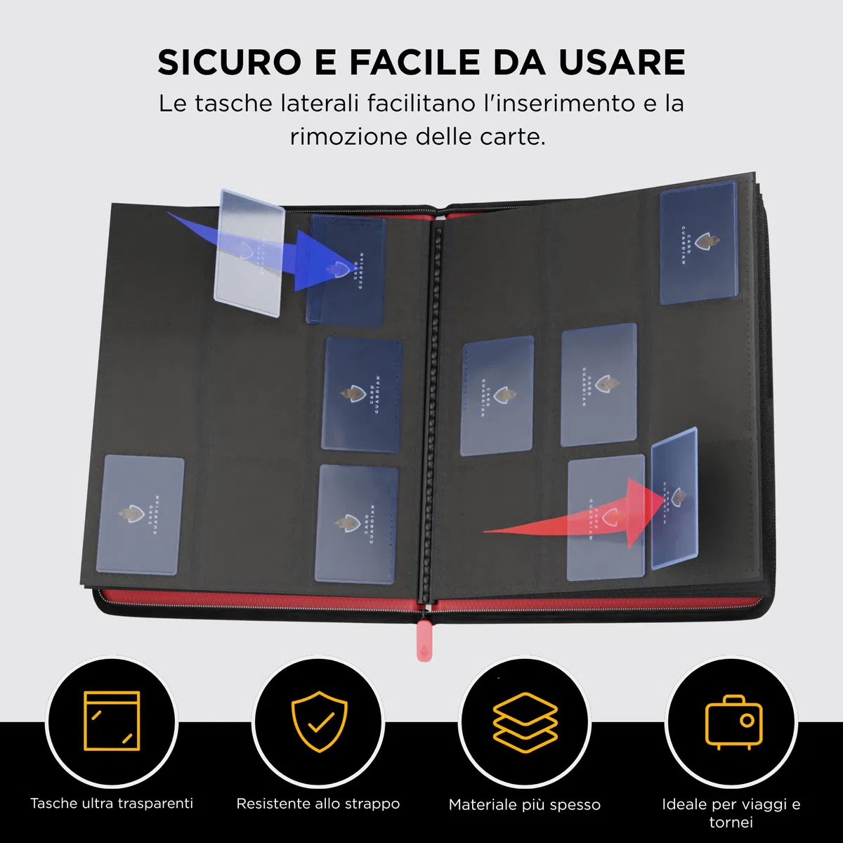 Card Guardian – Raccoglitore Carte Premium 9 Tasche con Cerniera | Album 360 Carte con Tasche a Caricamento Laterale – Binder Carte per TCG, MTG, One Piece, YuGiOh (Rosso)