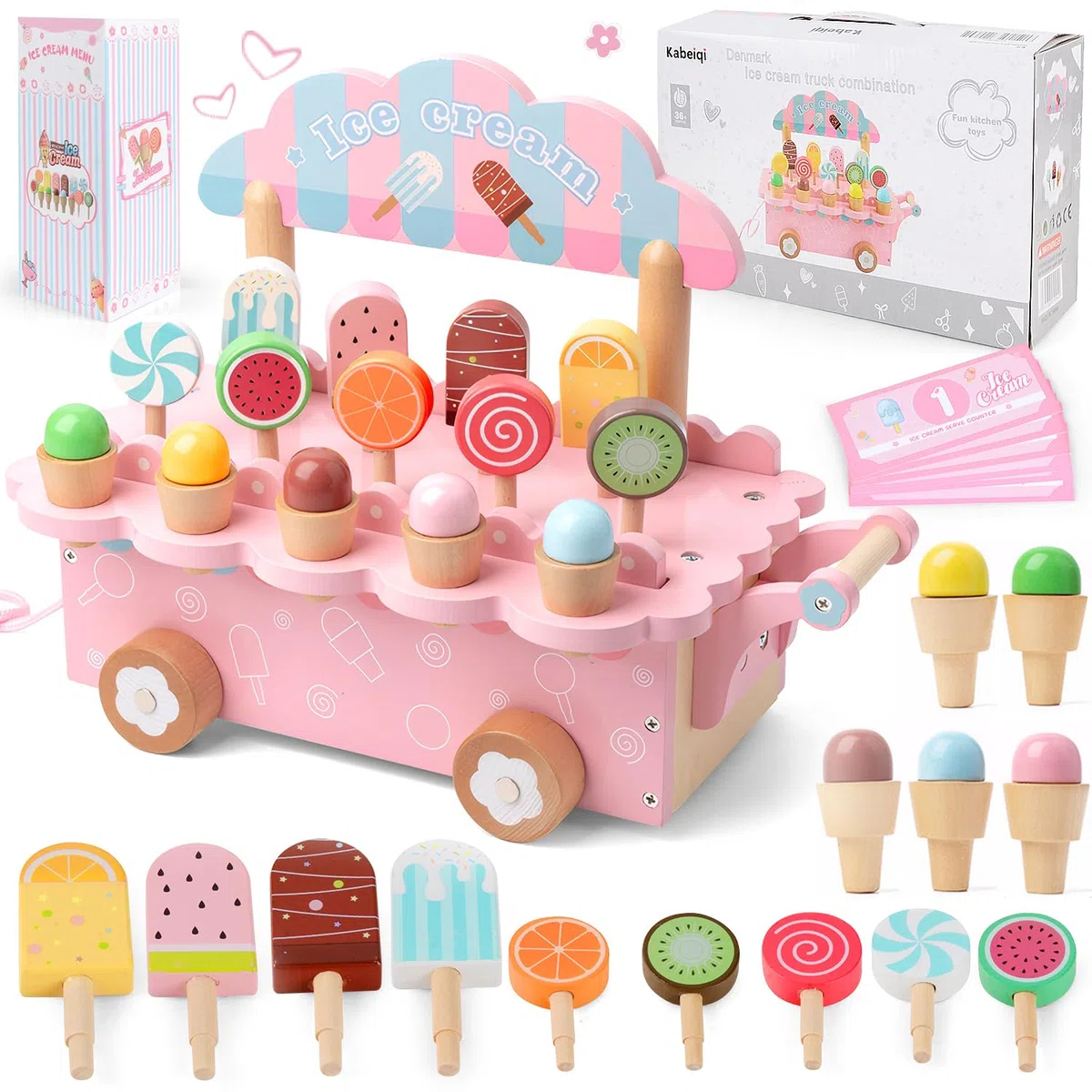 Gelateria Giocattolo per Bambini, Carretto Gelati Giocattolo Legno, Gelateria Cucina Giocattolos Educativi Montessori, Accessori Cucina Legno, Giochi Ruolo Montessori Regalo per Bambina 3 4 5 6 7 Anni