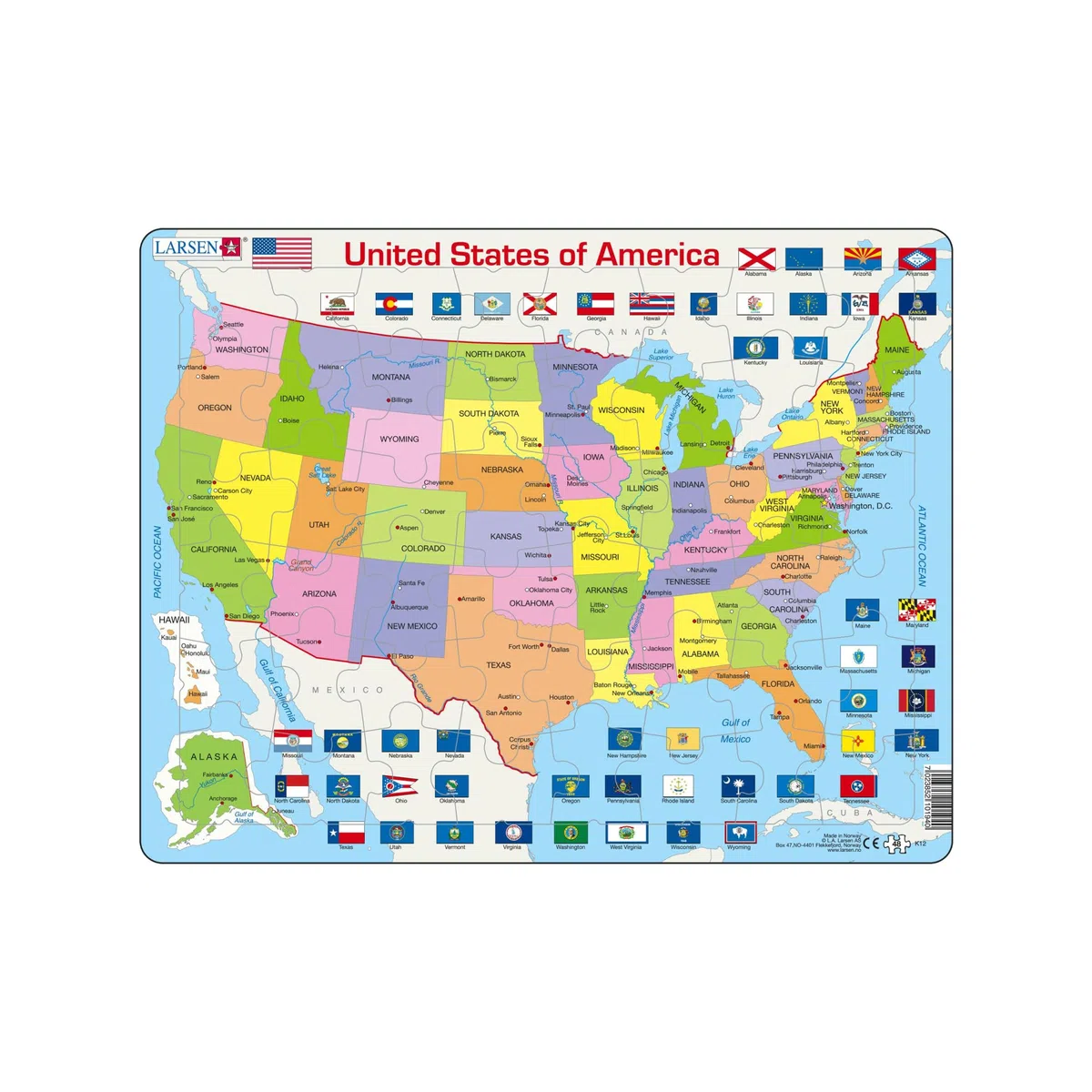 Larsen K12 Stati Uniti d'America Politica, edizione Inglese, Puzzle Incorniciato con 48 pezzi