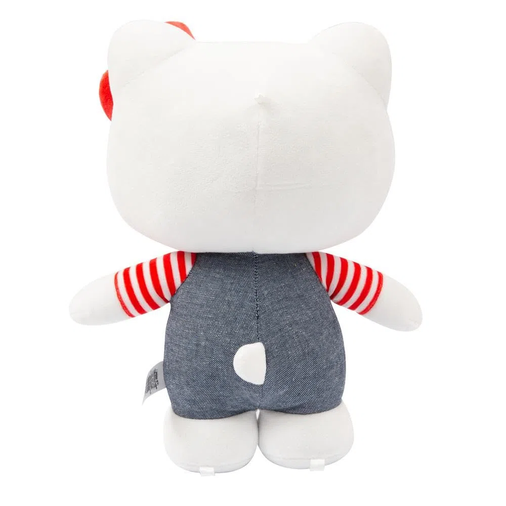 Hello Kitty Peluche 30 cm con Outfit Moda, Tutina Jeans, Fiocco Rosso, Maglia A Righe, per Bambini dai 3 Anni - Giochi Preziosi