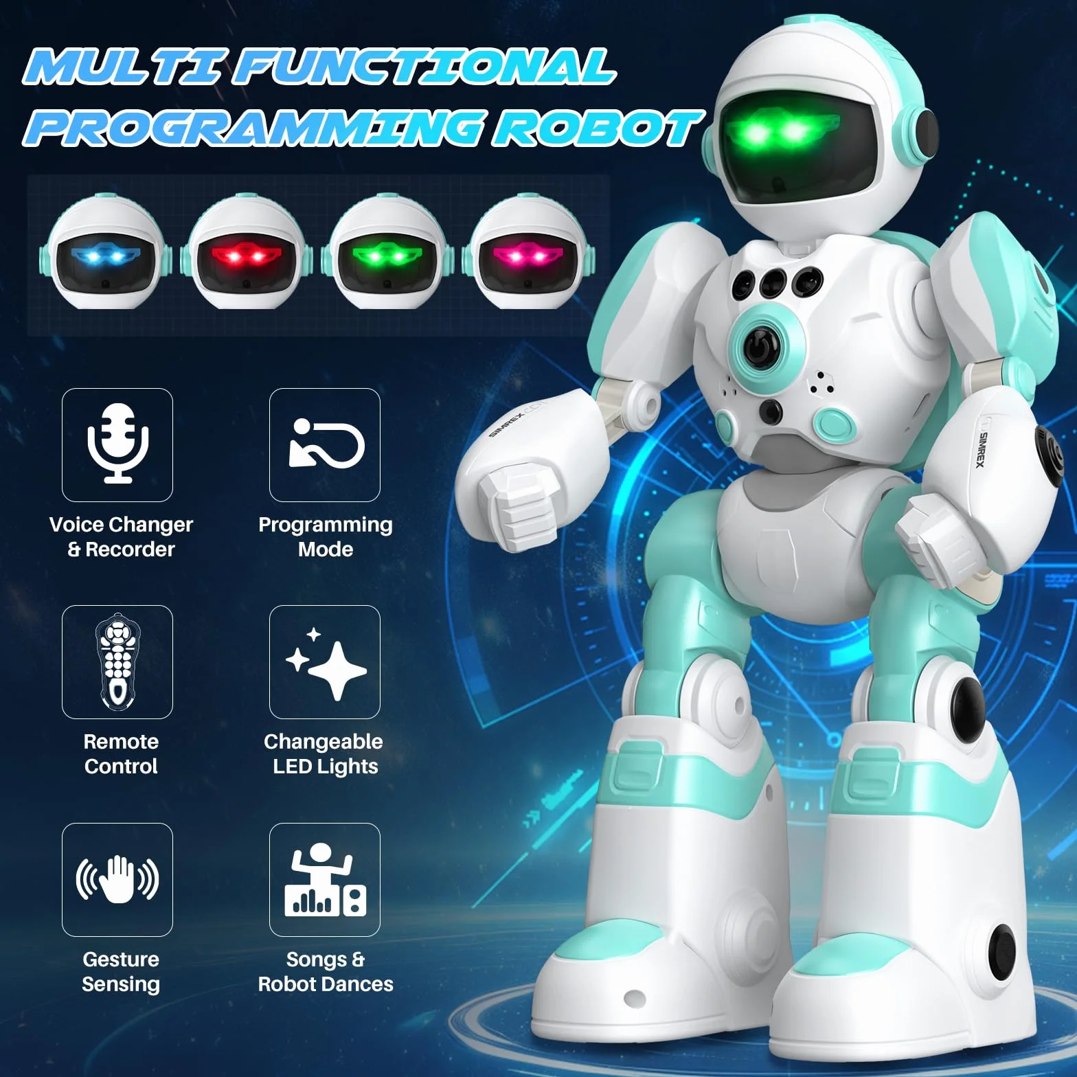 SIMREX Robot Bambini Giocattolo, Ricaricabile e Proiettibile, RC Robot con Occhi LED e Musica, RC Giocattolo con Sensore di Gesto per da 3 4 5 6 7 8 anni Ragazzi e Ragazze Regalo, Blu chiaro