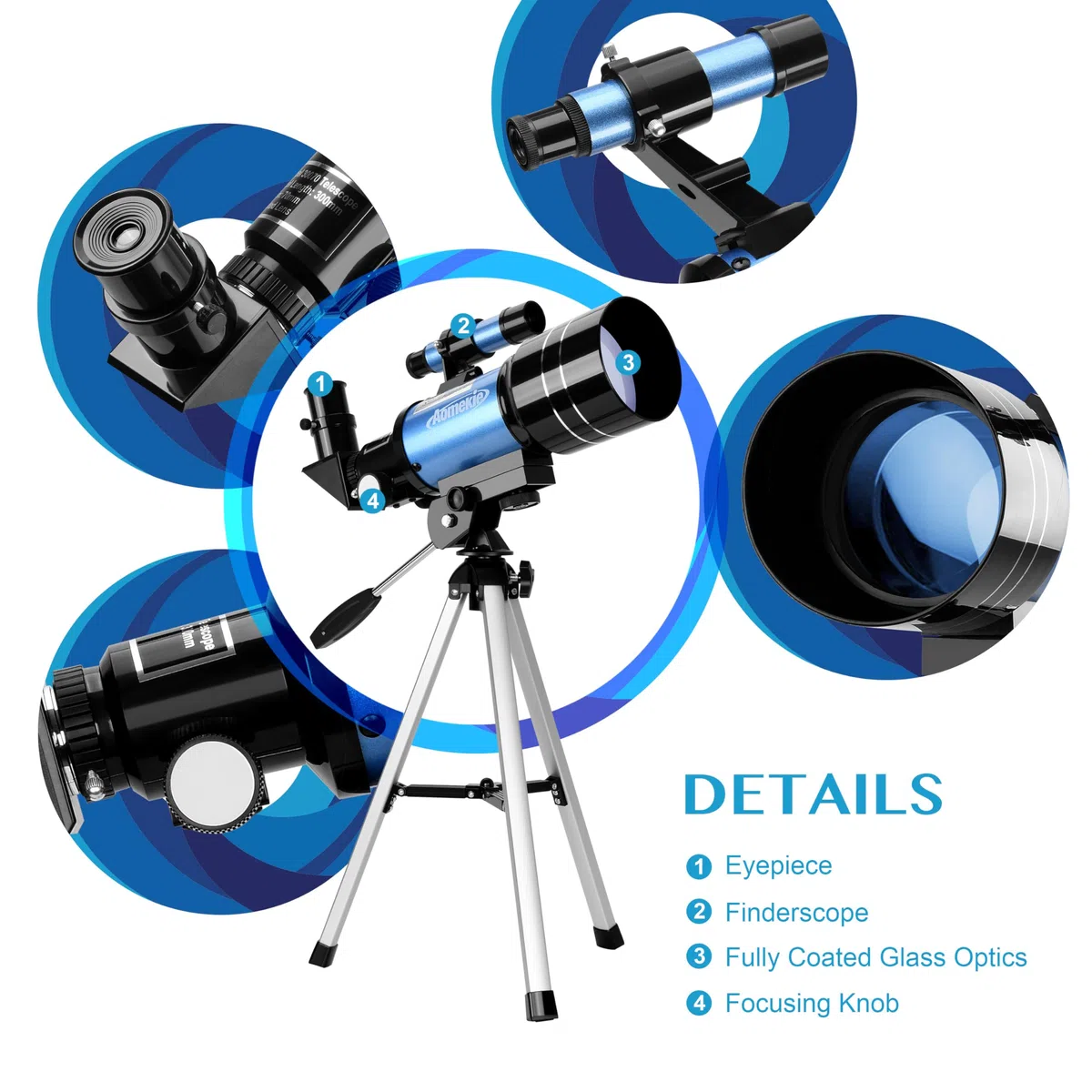 Aomekie Telescopio Astronomico 30070, 150X ingrandimento con Lente Barlow 3X e Adattatore per Smartphone, Ideale per Bambini e Principianti, Regalo per Compleanni e Feste