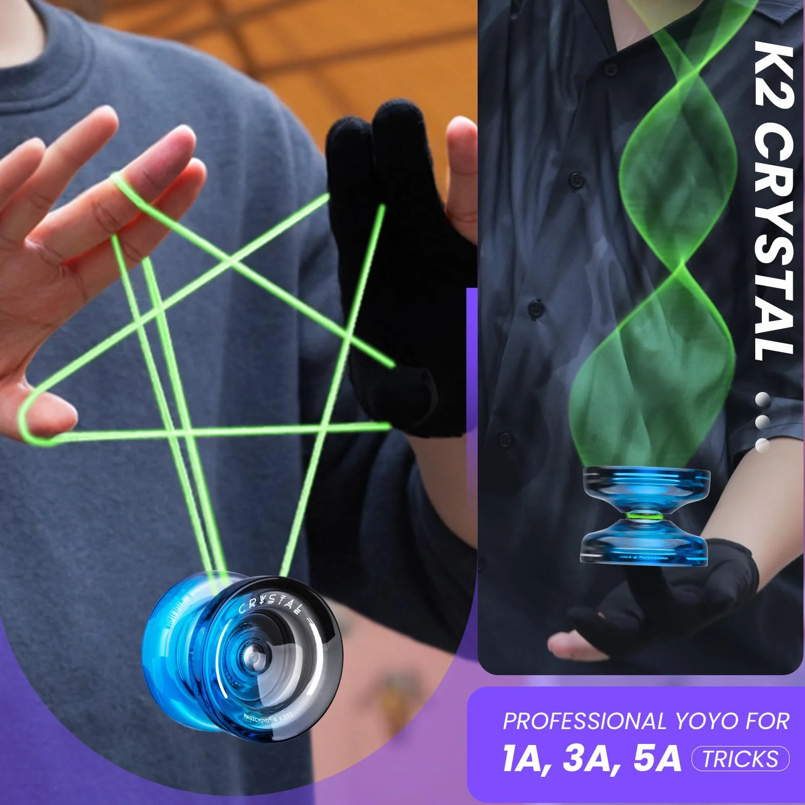 MAGICYOYO Yoyo reattivo per bambini K2 Crystal Black Blue, 2 in 1 - Yo Yo Yo reattivo e non responsivo, Yoyo trucco con rotazione delle dita con cuscinetto non responsivo, 12 corde, borsa Yo-Yo