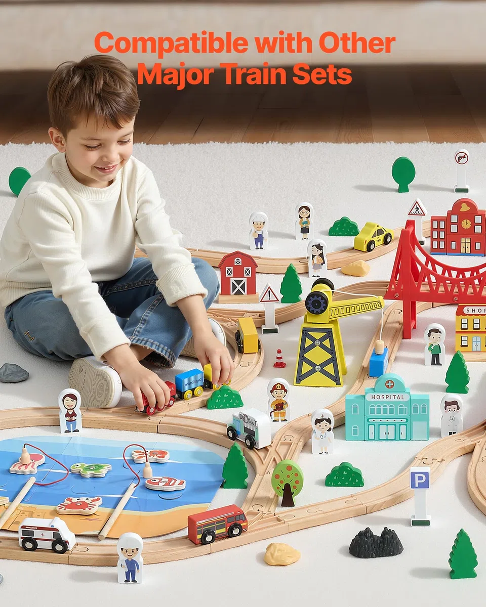 VEVOR Trenino in Legno per Bambini 39 Pezzi, con Treni Magnetici e Accessori Ferroviari, Compatibile con le Principali Marche, Giocattolo di Compleanno di Natale per Bambini dai 3 agli 8 Anni