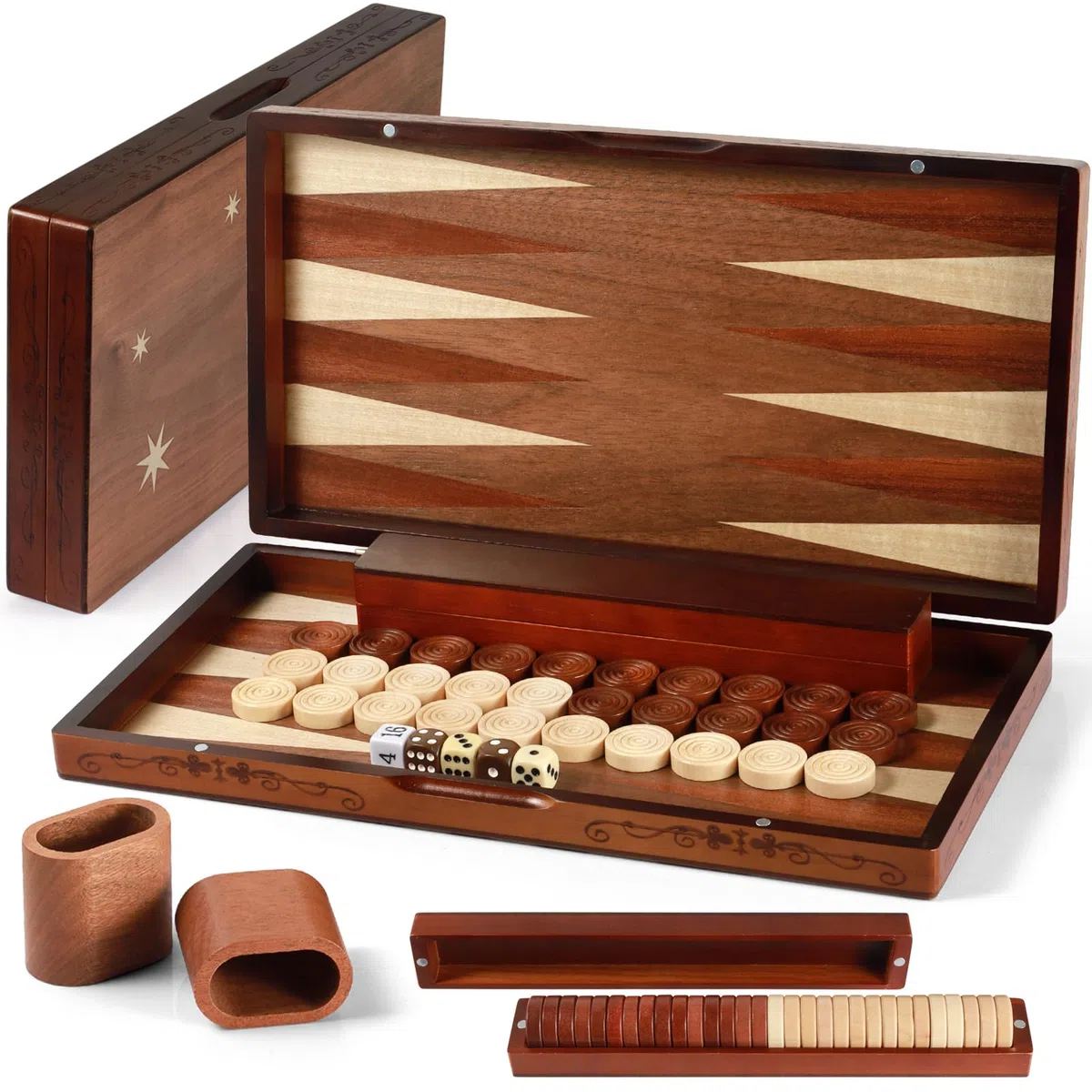Lussuoso set da backgammon in legno fatto a mano - grande tavola da viaggio pieghevole da 16'' (40,6 cm) con pezzi di grandi dimensioni e scatola portaoggetti, gioco di strategia premium per due