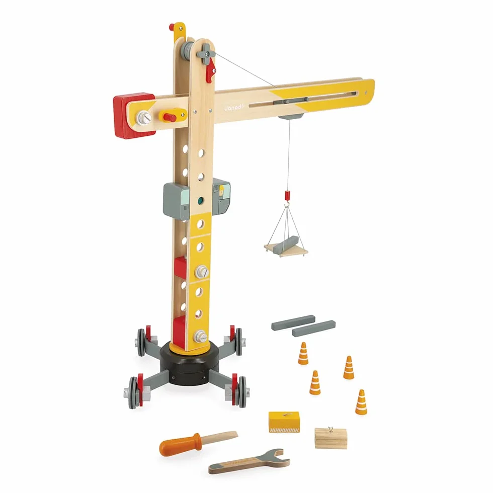 Janod - Grande Gru in Legno 74 cm - Giocattolo di Imitazione - Gioco di Costruzione - Rotazione a 360° e Mobile - 12 Accessori Inclusi - Certificato FSC - Dai 3 Anni, J06468