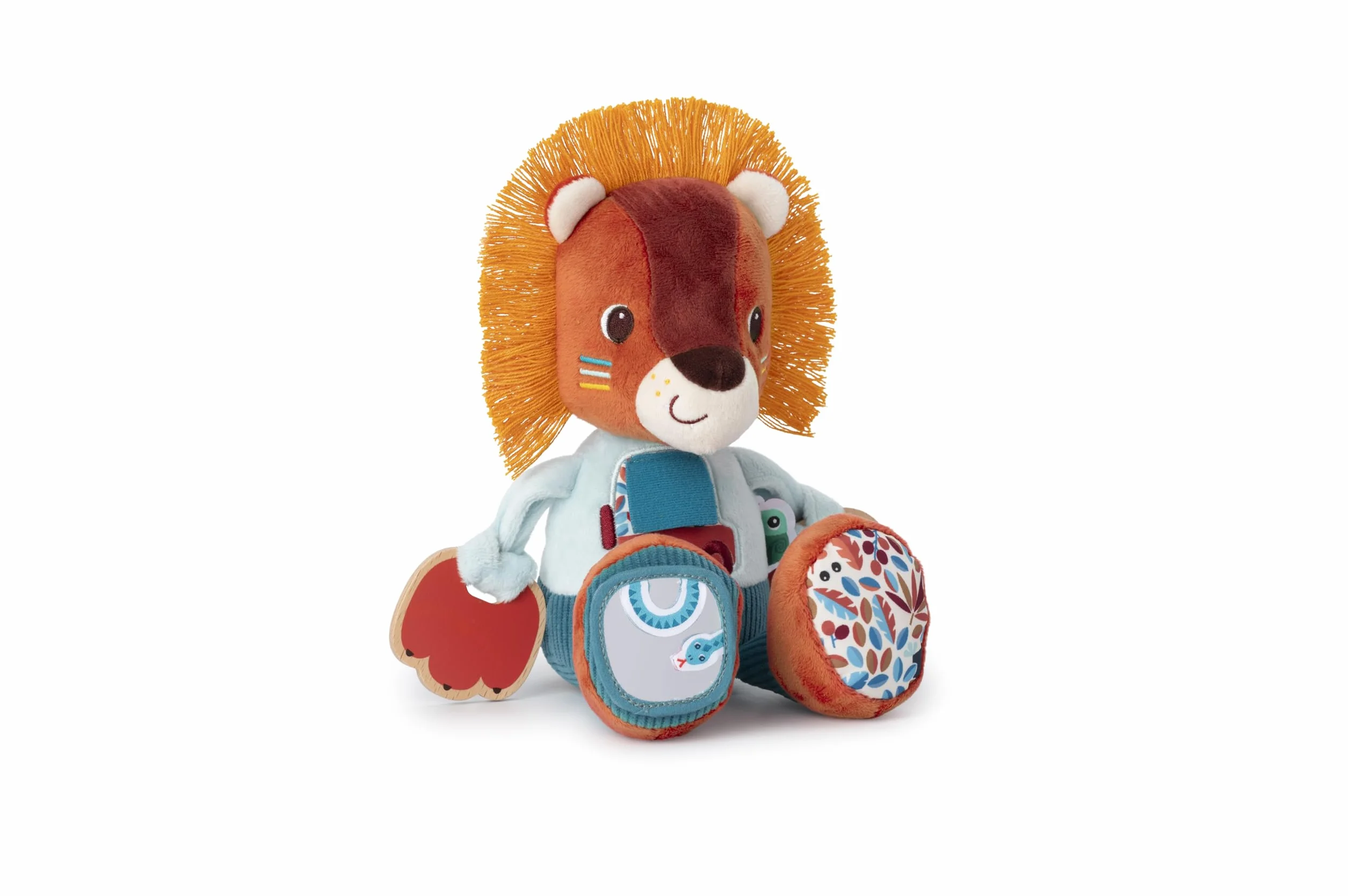LILLIPUTIENS - Peluche attività Jack Il Leone - Sonaglio interattivo per Bambini con Specchio, campanella e Rumore di Carta - Stimola i Sensi, Le capacità motorie e l'immaginazione - 9 Mesi+
