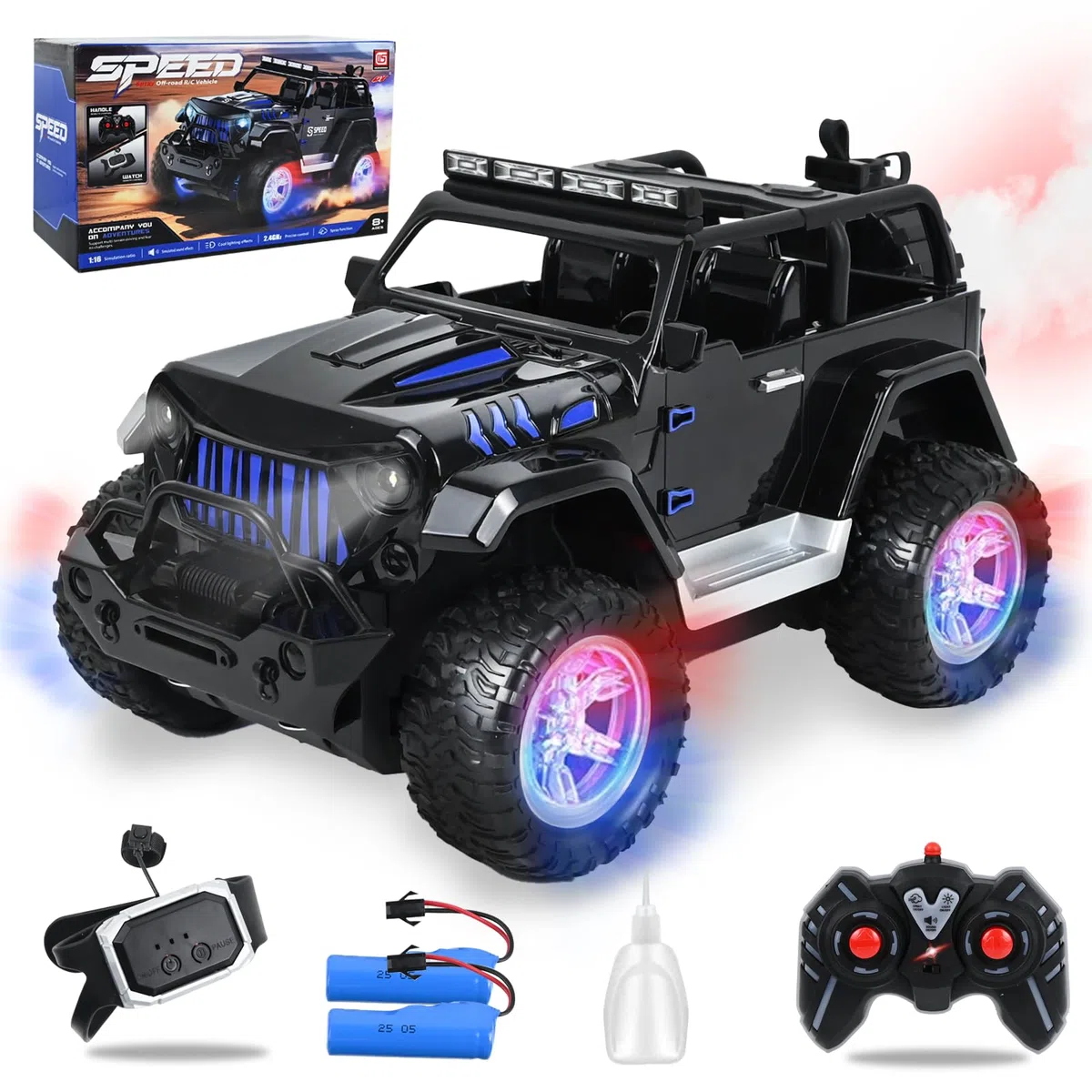 PATEMZON Macchina Telecomandata per Bambini, 2,4GHz Auto RC, Fuoristrada Telecomandato, SUV Telecomandato con Luce, Nebbia Spray, Suono, 2 Batterie 60Min, Regalo per Ragazzi Ragazze 6-16 Anni