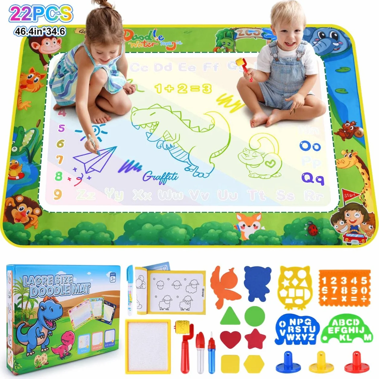 Tappeto Magico Bambini,120x90cm Doodle in EVA da Disegno ad Acqua con Accessori,Riutilizzabile Senza Macchie-Giocattolo Gioco Educativo Regalo per Ragazzi