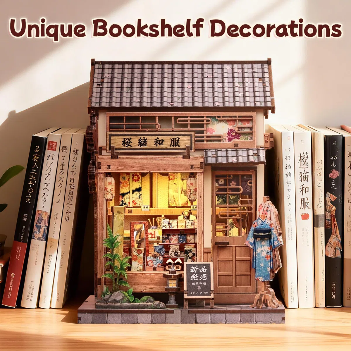 Fsolis Kit Book Nook, casa delle bambole giapponese in miniatura, kit artigianale in legno 3D per adulti, decorazione per libreria, regalo (Sakura O kimono Shop)
