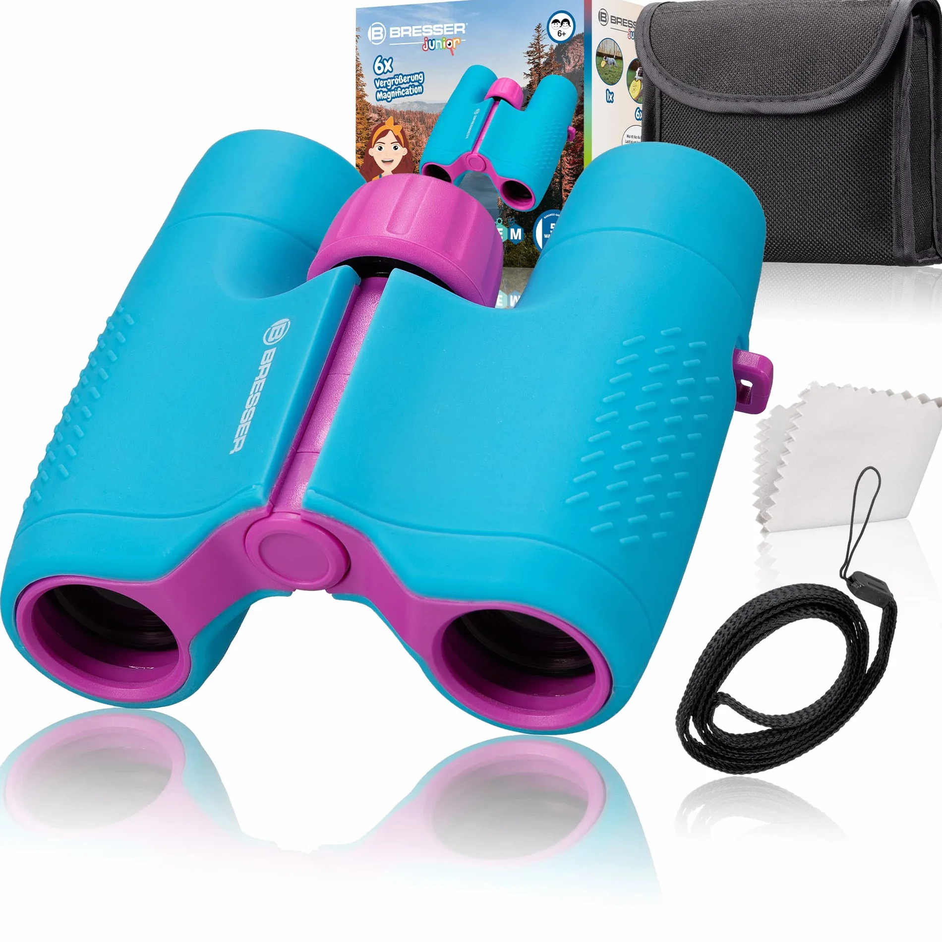 BRESSER Binocolo per bambini 6 x 21 con robusto corpo in gomma e messa a fuoco centrale, con custodia da cintura e maniglia, colore: blu/viola