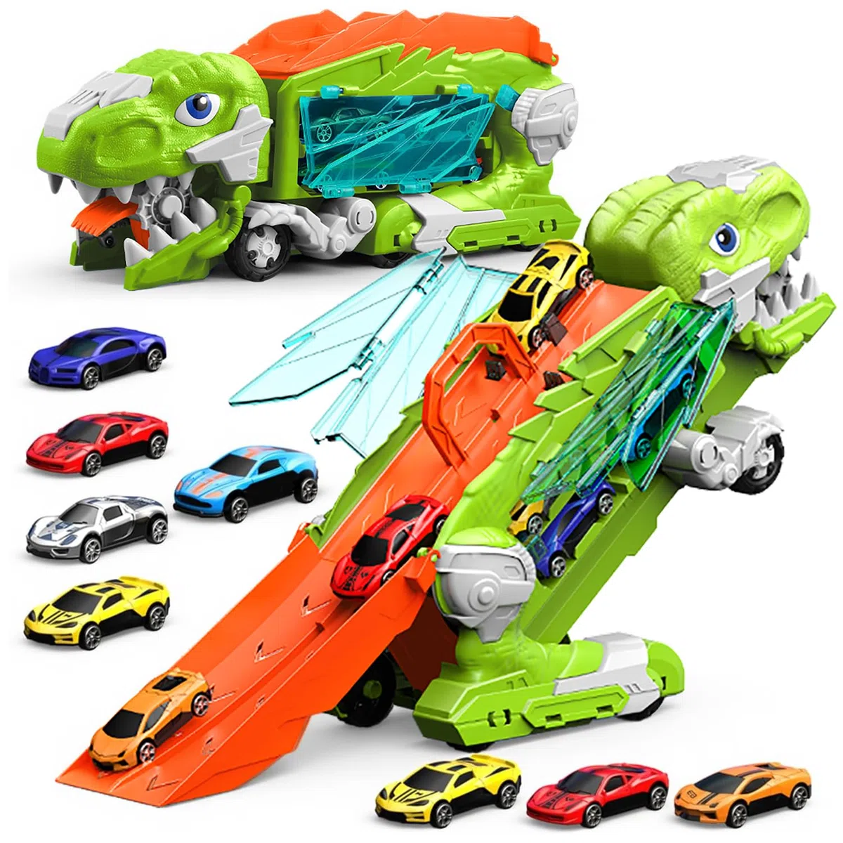 Dinosauro Camion Giocattolo con 8 Macchinine, Dinosauri Trasformabili per bambini 3 4 5 6 7 8+Anni,Garage,Set Pista da Corsa,Transforms in Dino con Ali,Camion Furgoni,Regali di Compleanno per Bambini