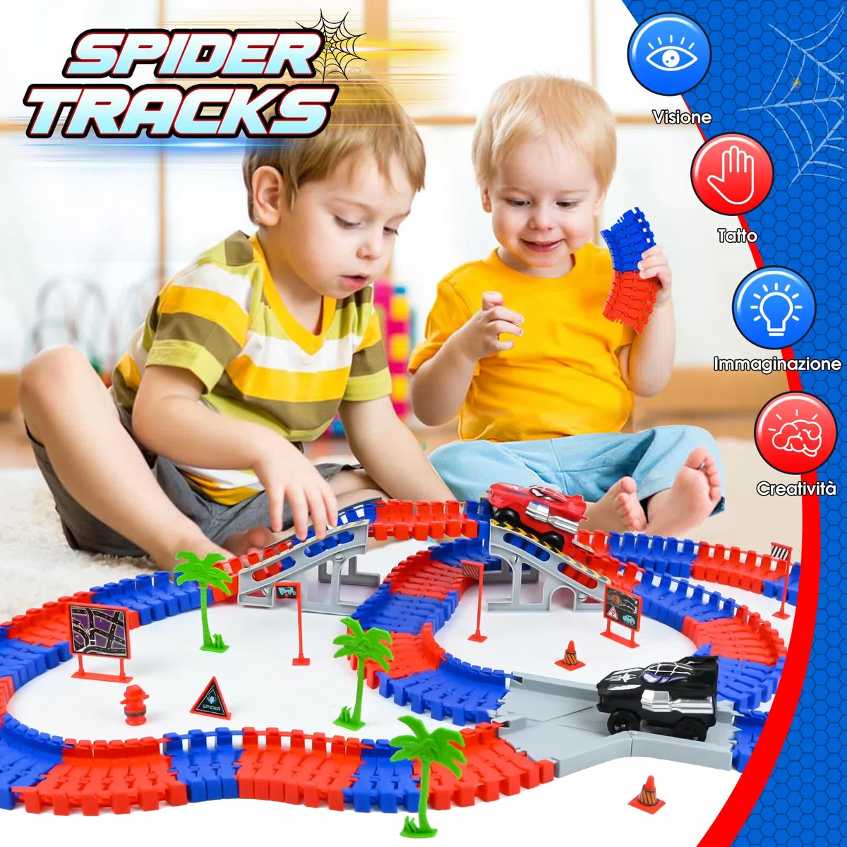 PATEMZON Circuit Voiture Enfant, Spider Railcar, Jouet de Circuit Automobile avec 2 Voitures, 208 PCS de Piste de Course de Voitures, Jouets de Course Circuit pour Enfants de 3 4 5 Ans