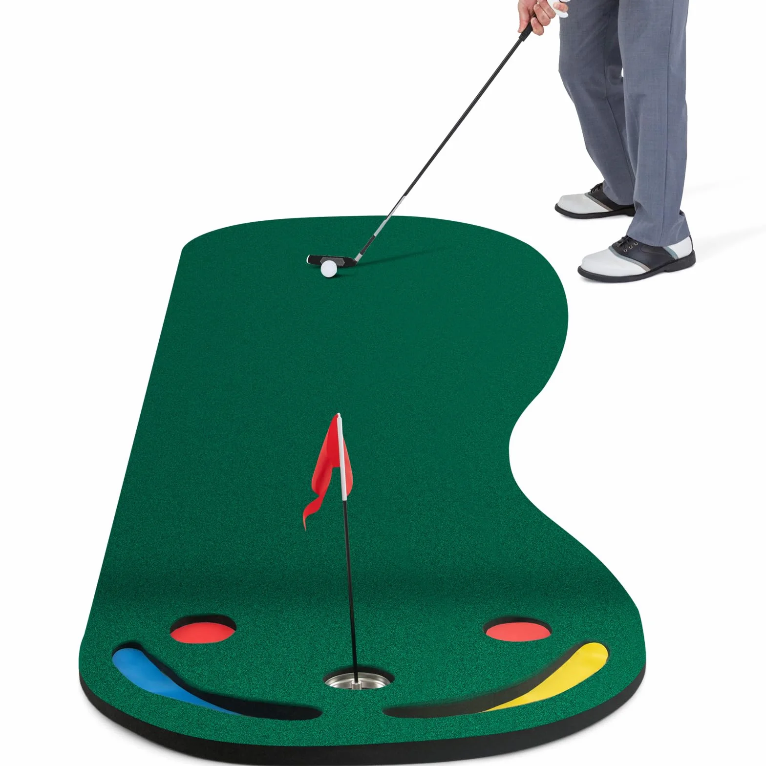 COSTWAY Set di Putting da Golf, Tappetino da Putting con 3 Fori per il Putting, 1 Bandierina e Coperture per Buca da Golf per Allenarsi al Putting, Putting per Uso Interno ed Esterno, 300 x 96 CM