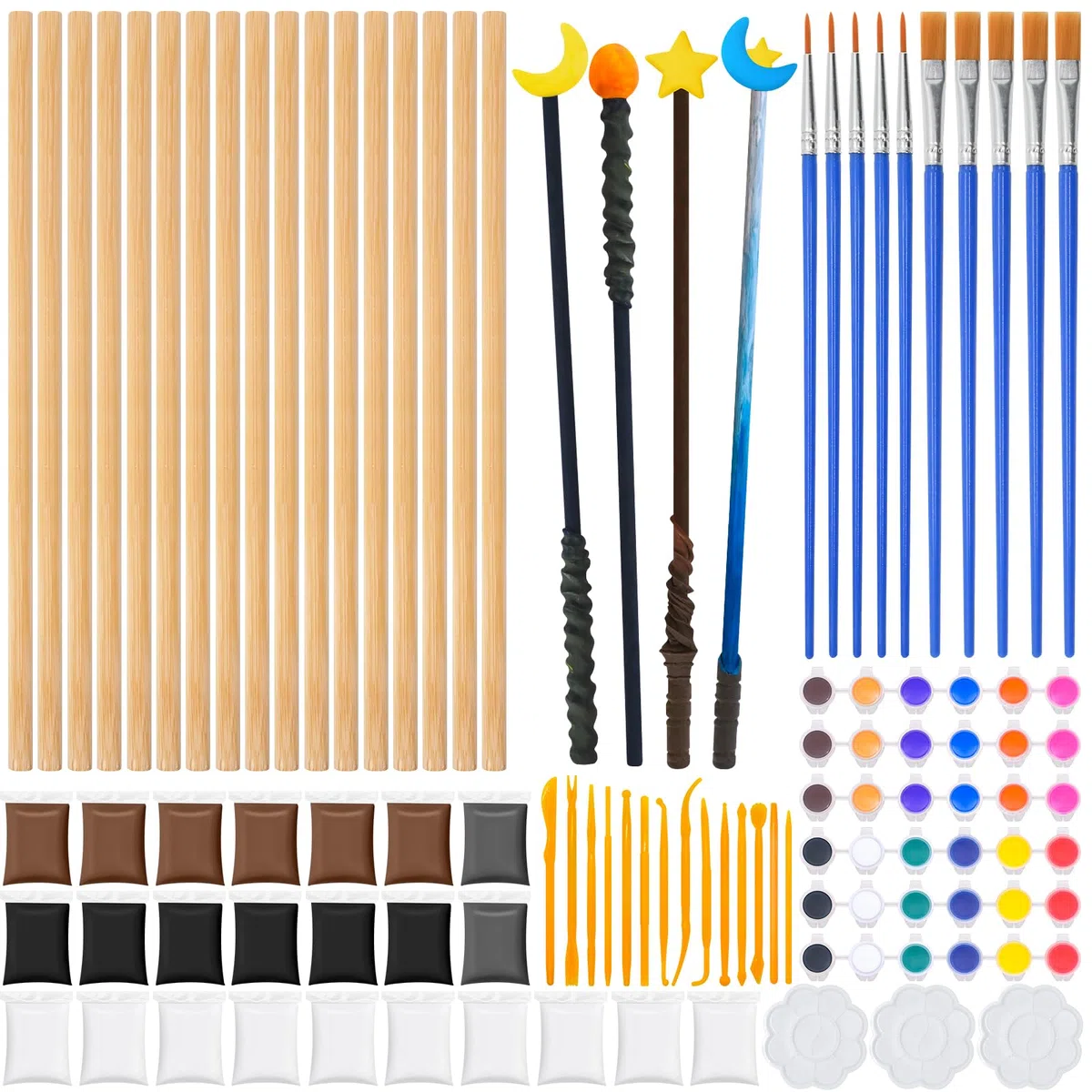 32 pezzi Bacchette Magiche Fai Da Te in Legno, Bacchetta Magic Magiche a Craft Set Bambini con 12 colori Acrilici, 14 Strumenti di Formatura per l'artigianato Set Creativi Craf