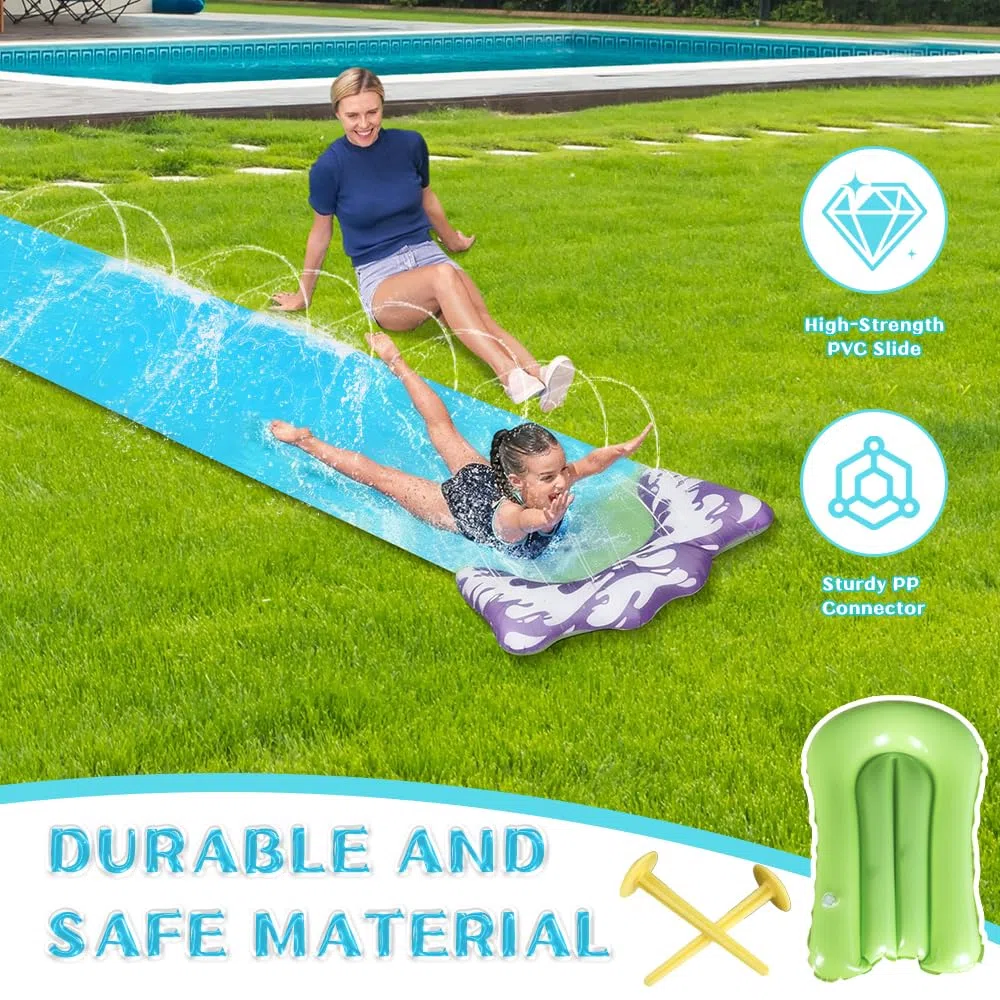 Scivolo d'Acqua, 480 x 70 cm Scivolo d'Acqua per Prato con Irrigatore, Scivolo Acquatico Giardino con Ricambi e Bodyboard, per Feste Estive e Attività in Giardino (Blu)