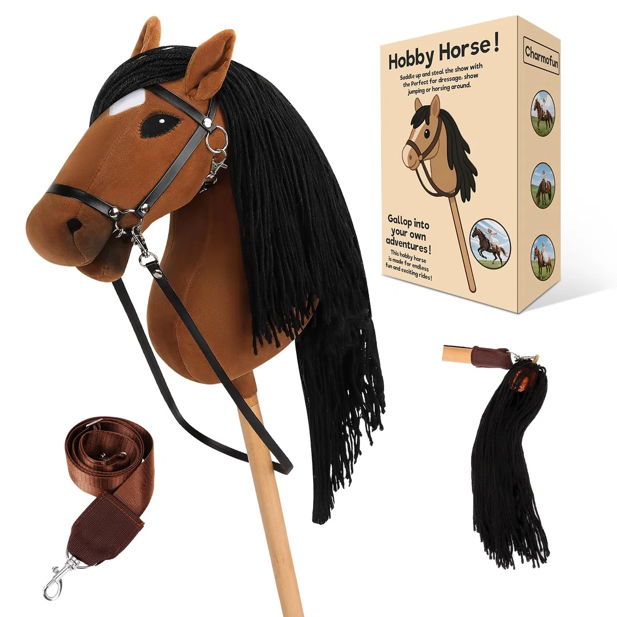 Charmofun Hobby Horse, Cavallo con Bastone per Bambini con Testa A3, Morbido Halter in Peluche, Coda Fluente e Cinghia Regolabile, Ideale per Gioco e Regalo (Marrone)