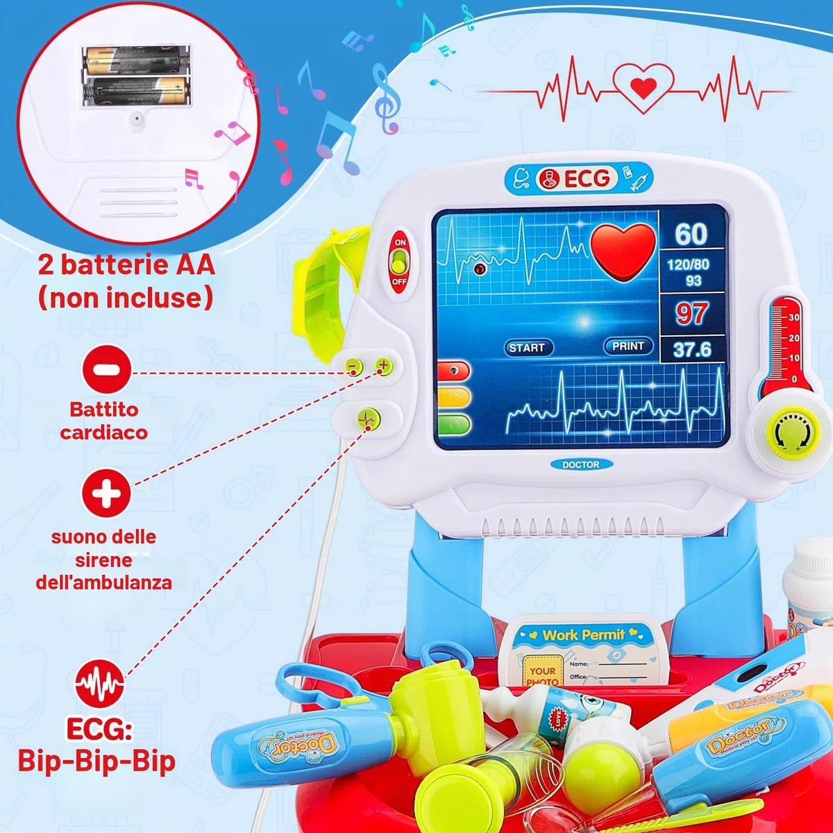 deAO Carrello da Dottore con Suoni e Luci, Kit Medico Giocattolo Dottore con Stetoscopio Siringa Termometro Pulsometro, Dottore Infermiere Medico Carrello per Ragazzi Ragazze Compleanno Natale Regalo