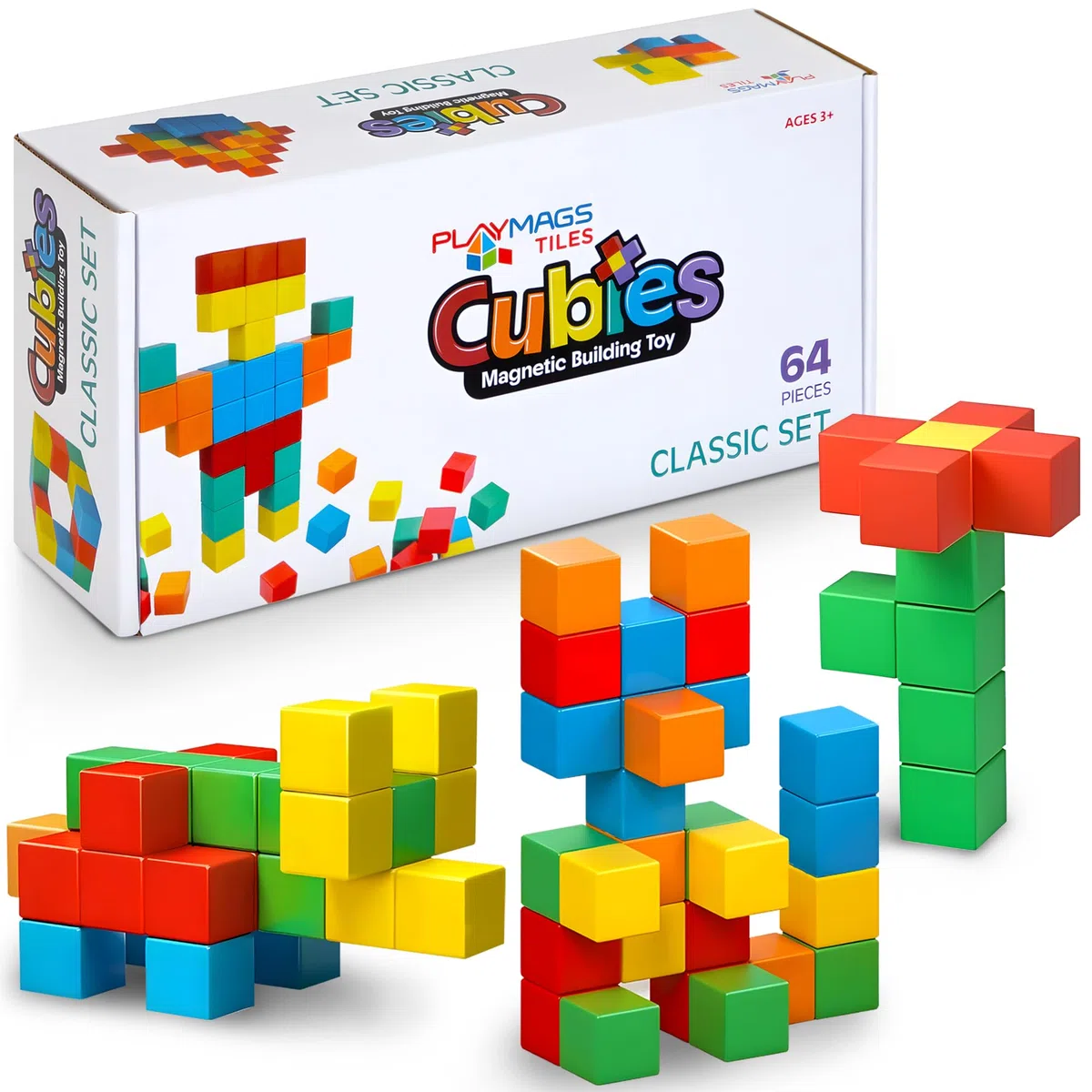 Playmags Blocchi Magnetici Giocattolo Da Costruzione, 64 Pezzi Di Cubi Magnetici STEM Giocattoli Per Bambini Piccoli E Ragazzi, Prescolare, Giocattolo Educativo Sensoriale Di Costruzione
