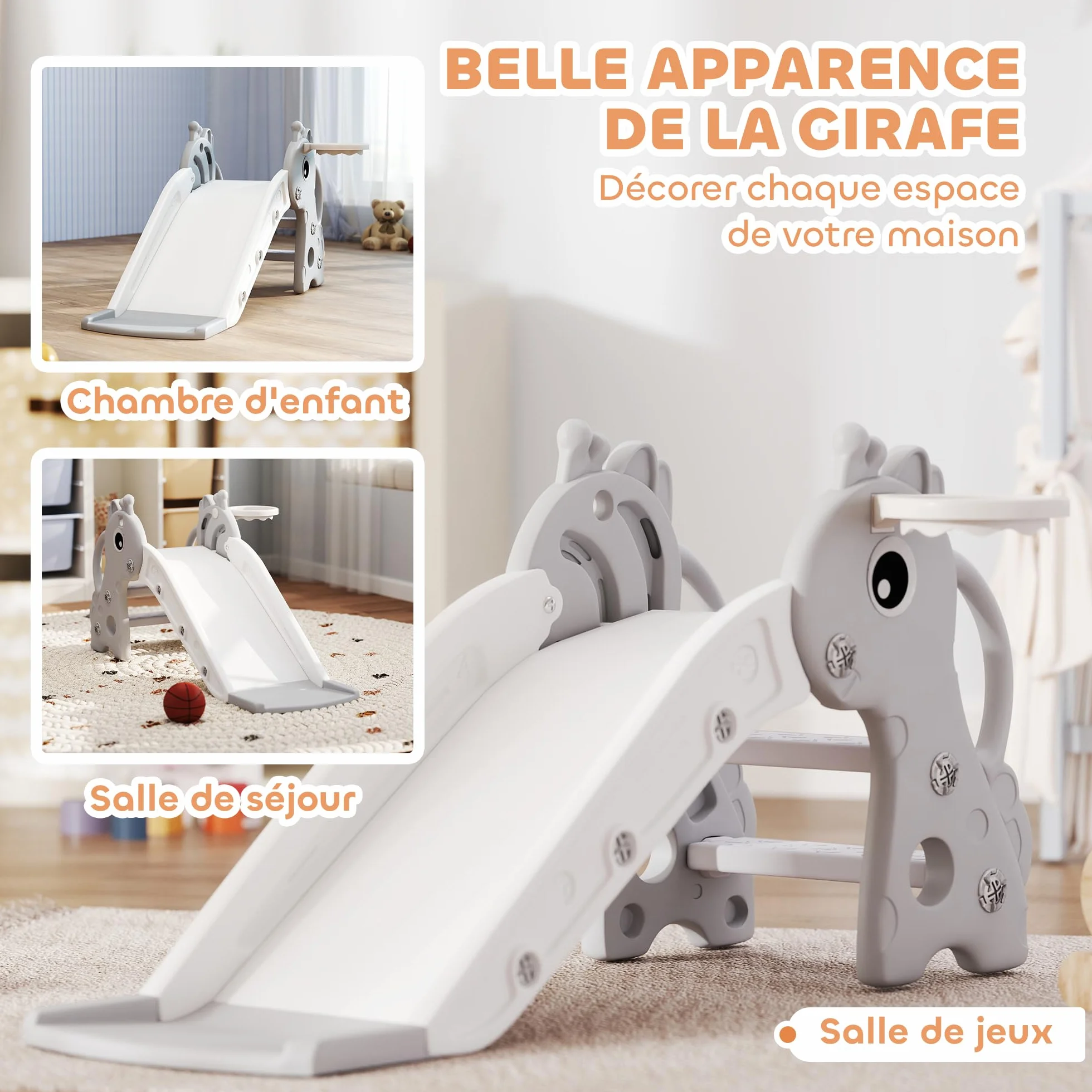 AIYAPLAY Scivolo per bambini 3 in 1 a forma di giraffa con canestro da basket, arrampicata e pallone, scivolo interno per bambini da 1 a 3 anni, 106 x 51,5 x 52 cm, grigio