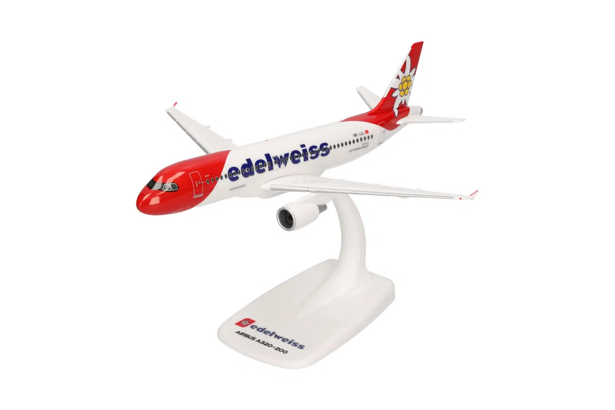 Herpa modello di aereo Edelweiss Air Airbus A320, scala 1:200 - Snap-Fit, pezzo da collezione, miniatura deco, statuetta con supporto in plastica