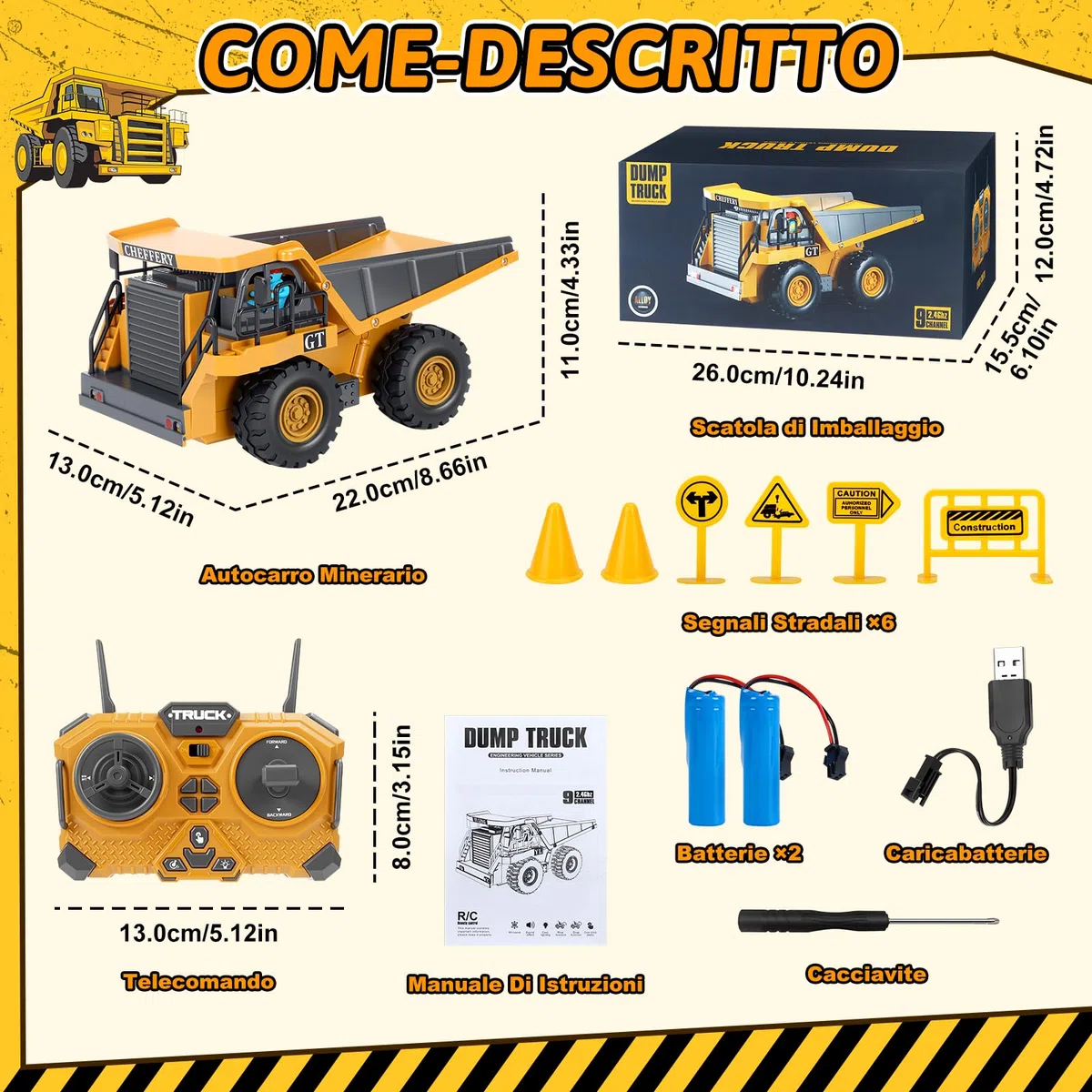 Camion Ribaltabile Telecomandato, 2.4GHz Veicolo da Costruzione RC per Bambini, 9 Canali Camion Radiocomandato con Luci e Suoni, Camion Telecomandato per Ragazzi e Ragazze dai 3 anni