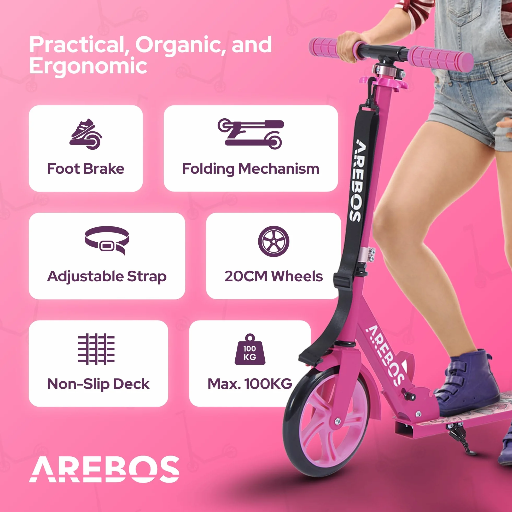 Arebos city scooter a pedali monopattino regolabile in altezza | pieghevole | incl. cinghia di trasporto | ruote XXL | freno a pedale | per bambini e adulti | capacità di carico fino a 100 kg