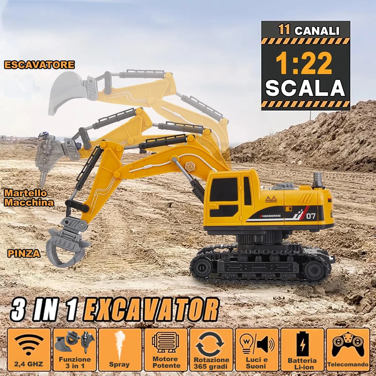1:22 Scala 11 Canali 3 in 1 Escavatore Telecomandato per Bambini,Escavatori Radiocomandato con Pala in Metallo,Escavatore Idraulico con luci e Suoni e Spray,Regali per Bambini dai 4-7Anni