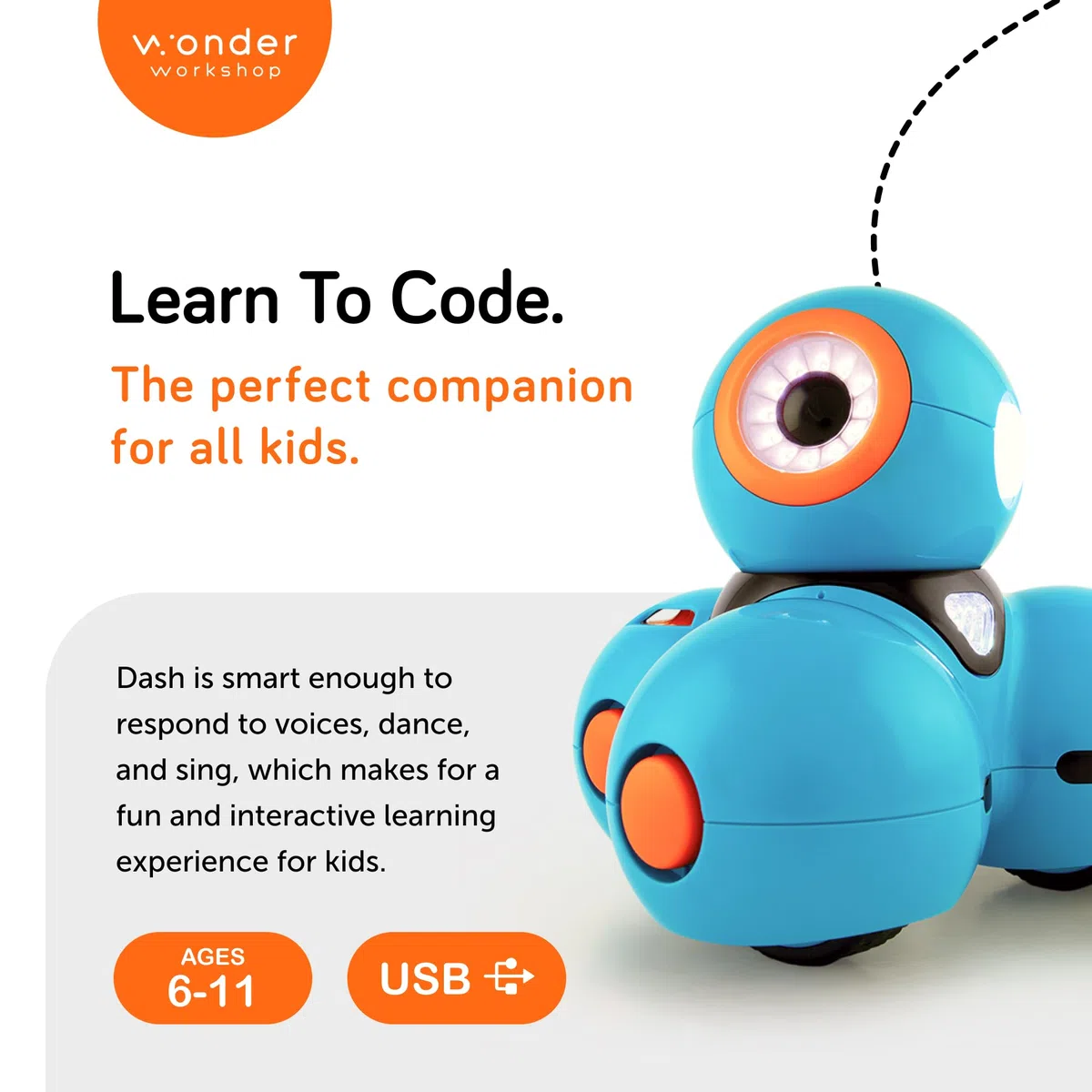 Dash Robot di Wonder Workshop in Inglese - Robot Giocattolo Interattivo per Imparare a Programmare Divertendosi Idee Regalo per Bambini, Blu