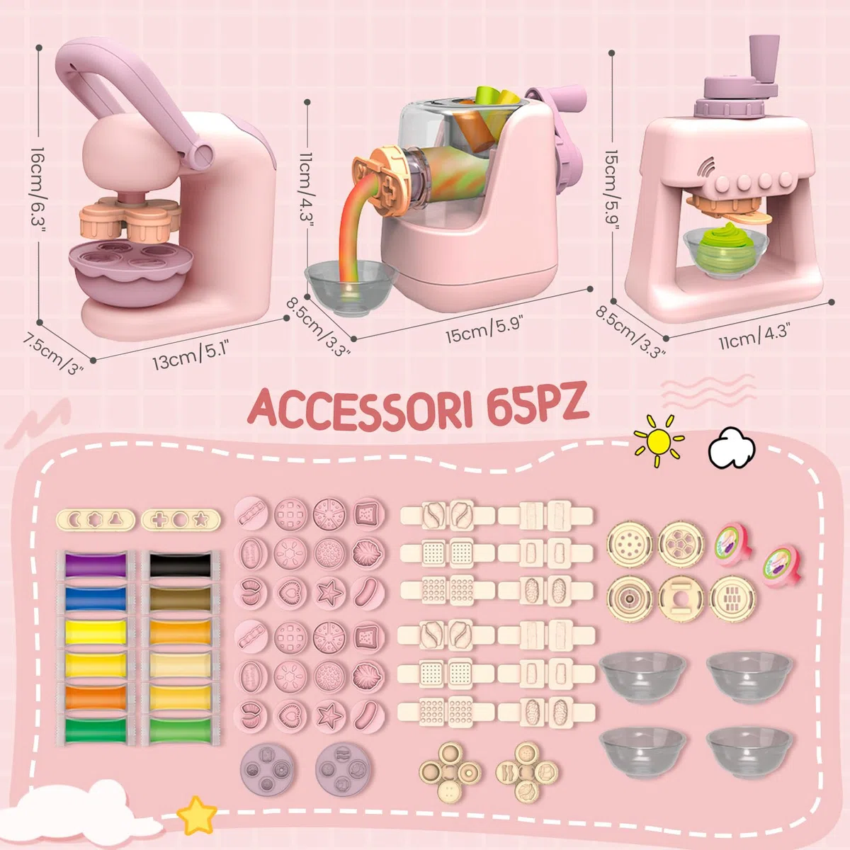 JONRRYIN Plastilina per Bambini, 65 Pezzi Formine per Plastilina Accessori con Macchina per Pasta e Gelatiera, Playdough Pasta da Modellare Regalo Giochi per Ragazzi Bambina (Pink1)