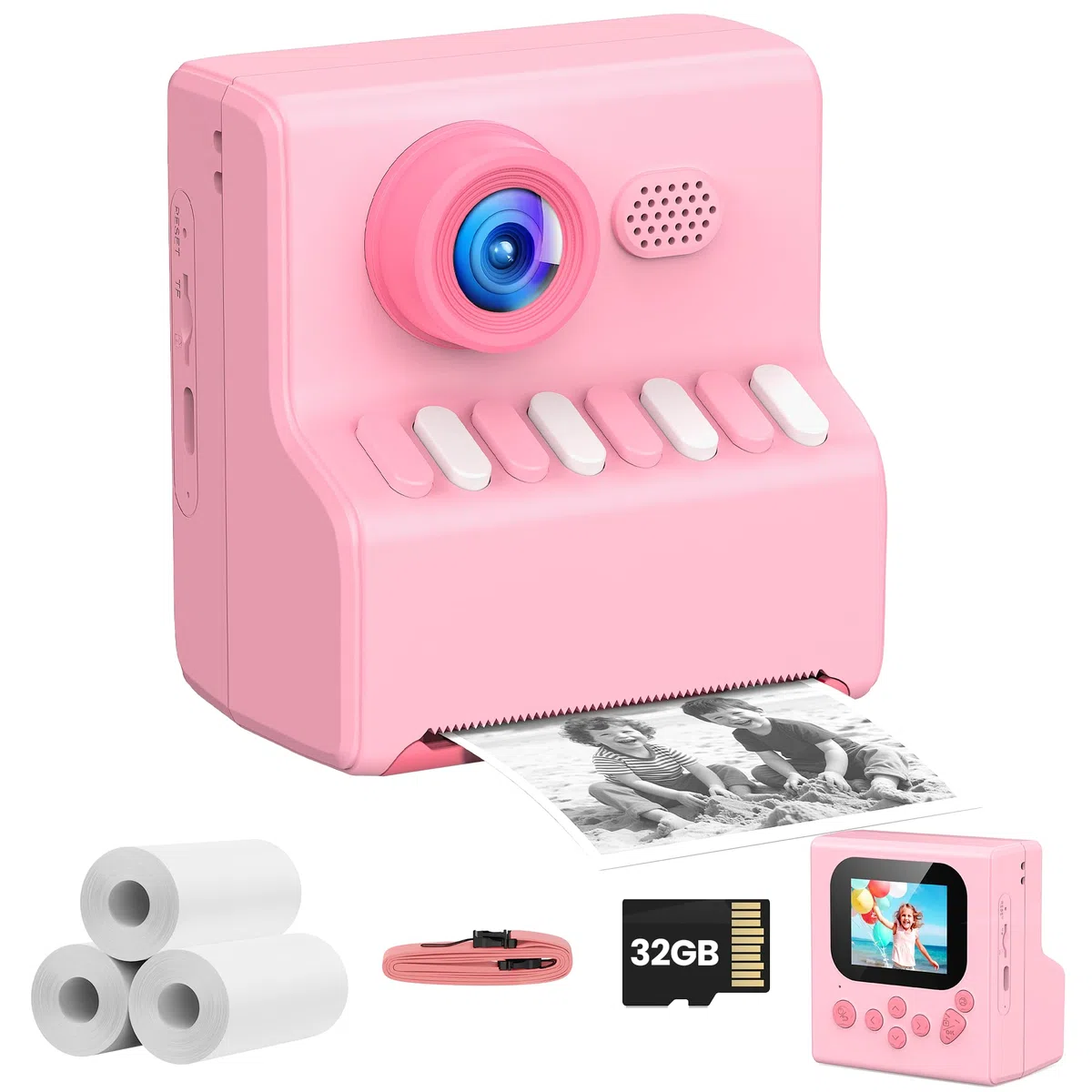 Macchina Fotografica Bambini Istantanea Rosa: HODDRCCN Macchina Fotografica Istantanea Bambini - Registrazione Video 1080P - Lettore MP3 - Include Scheda SD da 32 GB e Cordino Portatile