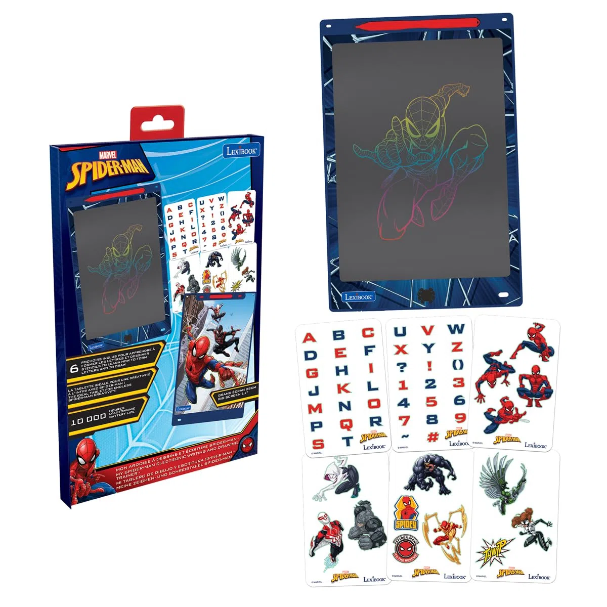 Lexibook, Spider-Man, Lavagna Magica, Giocattolo Artistico e Creativo per Bambini e Bambine, Disegni Multicolori, Schermo da 28 cm, Include 1 Stilo e 6 Stencil, Blu, CRT10SP