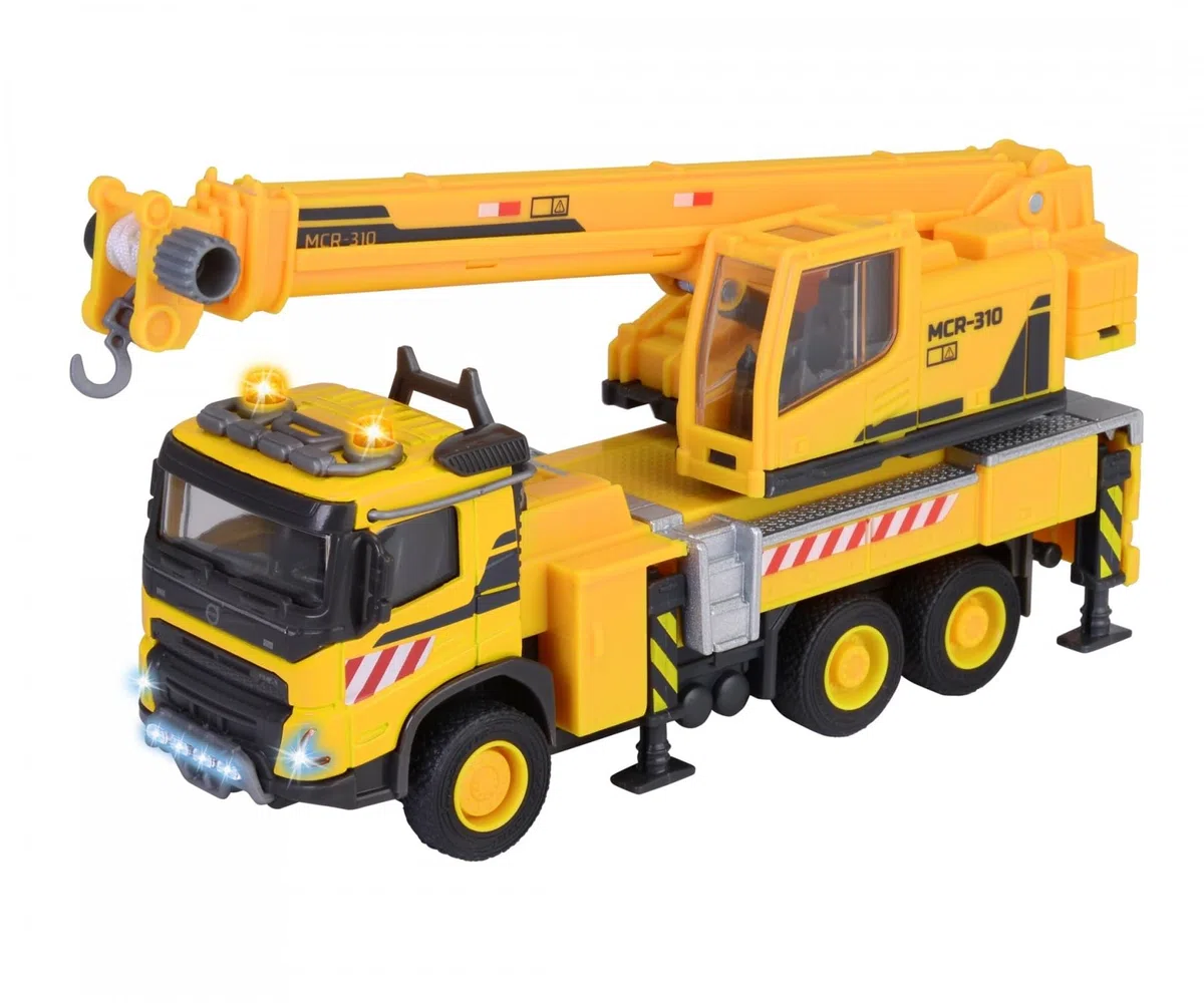 Majorette - Carrozza giocattolo (22 cm) – grande auto Volvo da cantiere con gru estraibile, verricello e ruote in gomma, luce e suono (batterie incluse), per bambini dai 3 anni in su, giallo