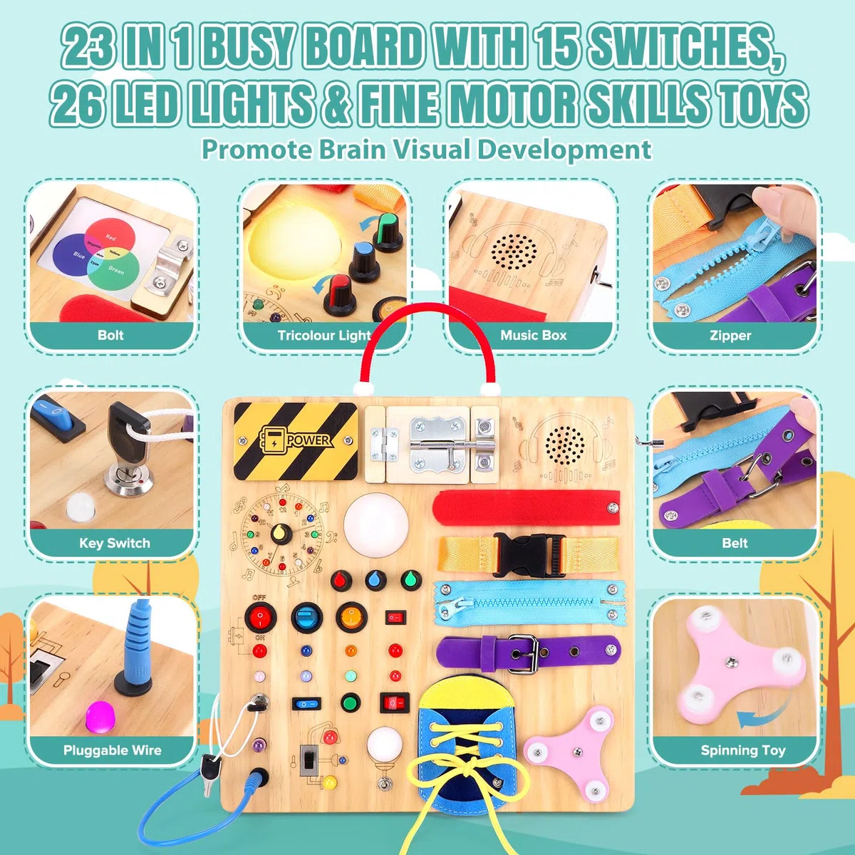 Montessori Busy Board 23 in 1 per bambini a partire da 1 anno, giocattolo in legno con 15 interruttori, 26 luci LED, scatola musicale, chiusura lampo e lucchetto, giocattolo sensoriale per bambini da