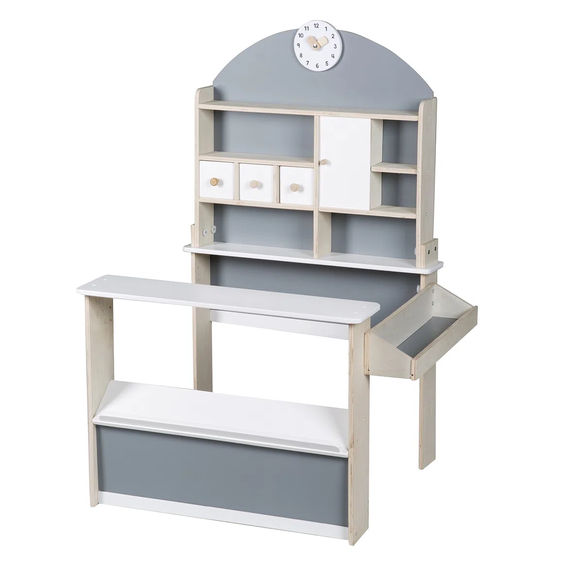 roba Negozio Giocattolo per Bambini in Legno - con Mensole e 3 Cassetti - Accessori Inclusi - Stand di Vendita a 2 Piani di Lavoro e Orologio - Legno Laccato Bianco/Grigio