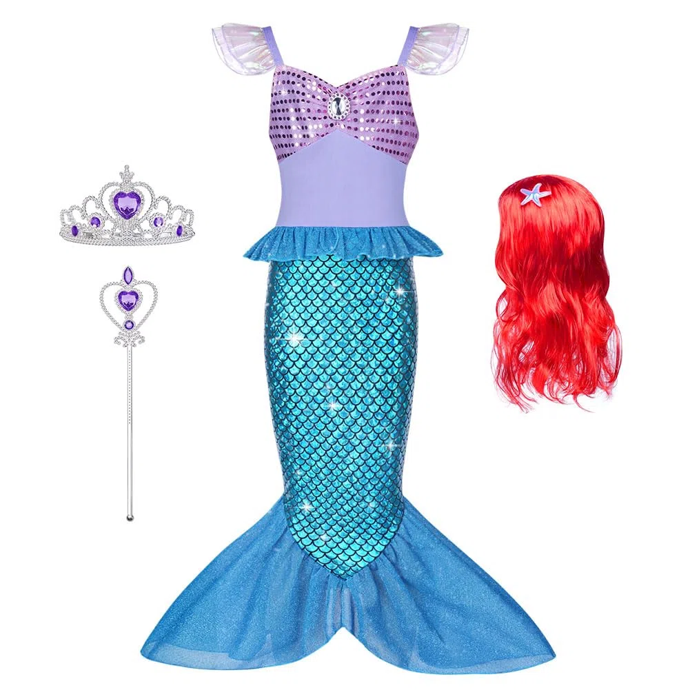 AOOWU Vestito Sirenetta Bambina, Sirena Principessa Vestito Costume con Parrucca, Vestiti Sirenetta Costumi Cosplay Sirena per Halloween, Natale, Cosplay, Compleanno